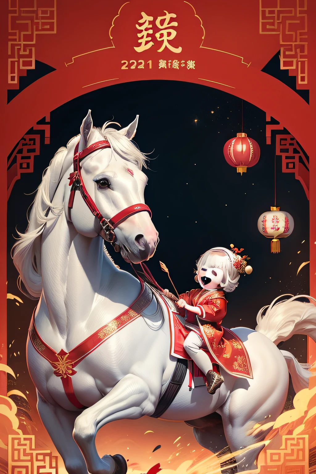 Convey the image of a happy white horse Child dressed in Chinese costume,Red holiday cute poster celebrating the New Year Festive atmosphere The words of the Year of the Horse are commercial There is an atmosphere of joy Chinese traditional horse Joyful background red with the words Happy New Year