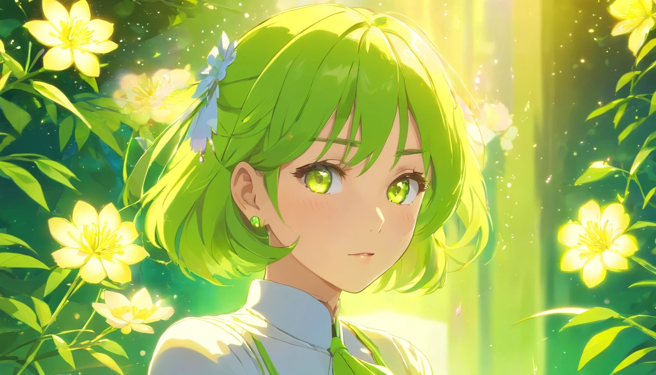 Lime yellow, Platinum Earrings, Platinum Necklace, White dress, 1girll, Cute, (Dynamic lighting:1.2), Cinematic lighting, Delicate facial features, Detailed eyes, Sharp pupils, Realistic pupils, Depth of field, Bokeh, Sharp focus, (Hyper-detailed, full bloom, Glow:1.4), Many small gemstones