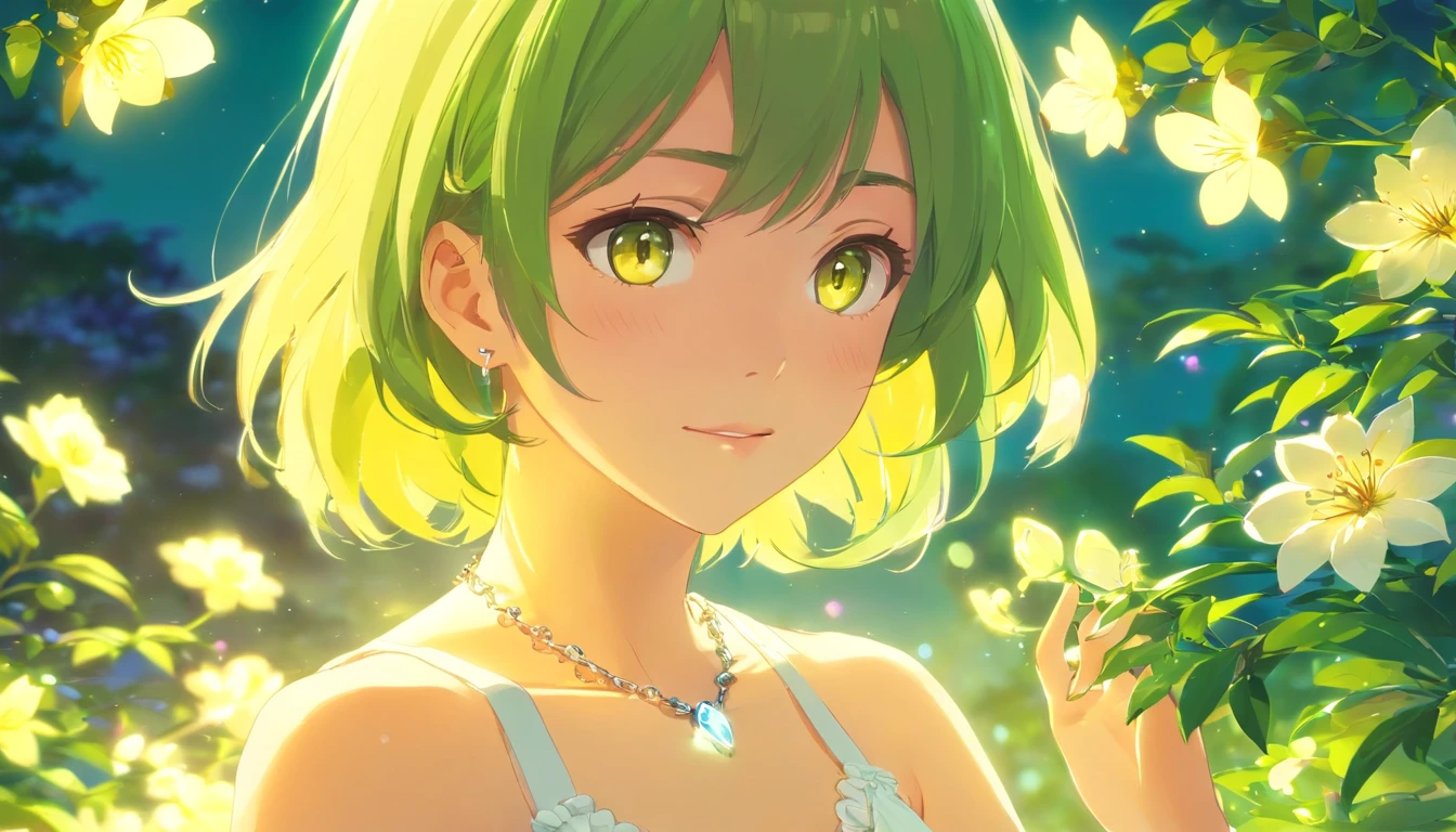 Lime yellow, Platinum Earrings, Platinum Necklace, White dress, 1girll, Cute, (Dynamic lighting:1.2), Cinematic lighting, Delicate facial features, Detailed eyes, Sharp pupils, Realistic pupils, Depth of field, Bokeh, Sharp focus, (Hyper-detailed, full bloom, Glow:1.4), Many small gemstones