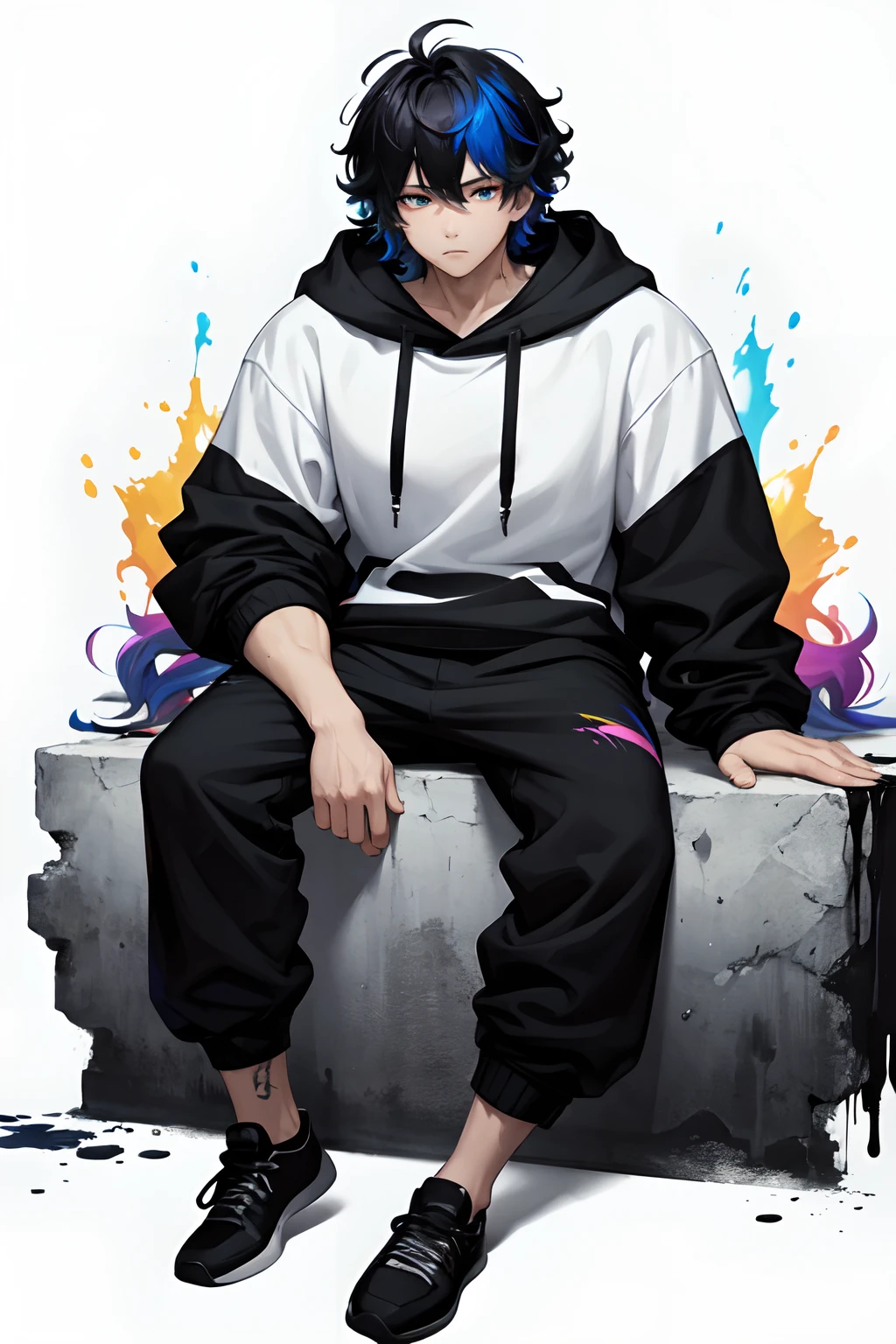 paint, boy, muscular, colourful hair, colourful clothes, covered body, heavy clothes, palet in hand, bruh, black gradient, hoodie, pants, sitting , messy hair, curly hair, messy, water, splash, white and black theme