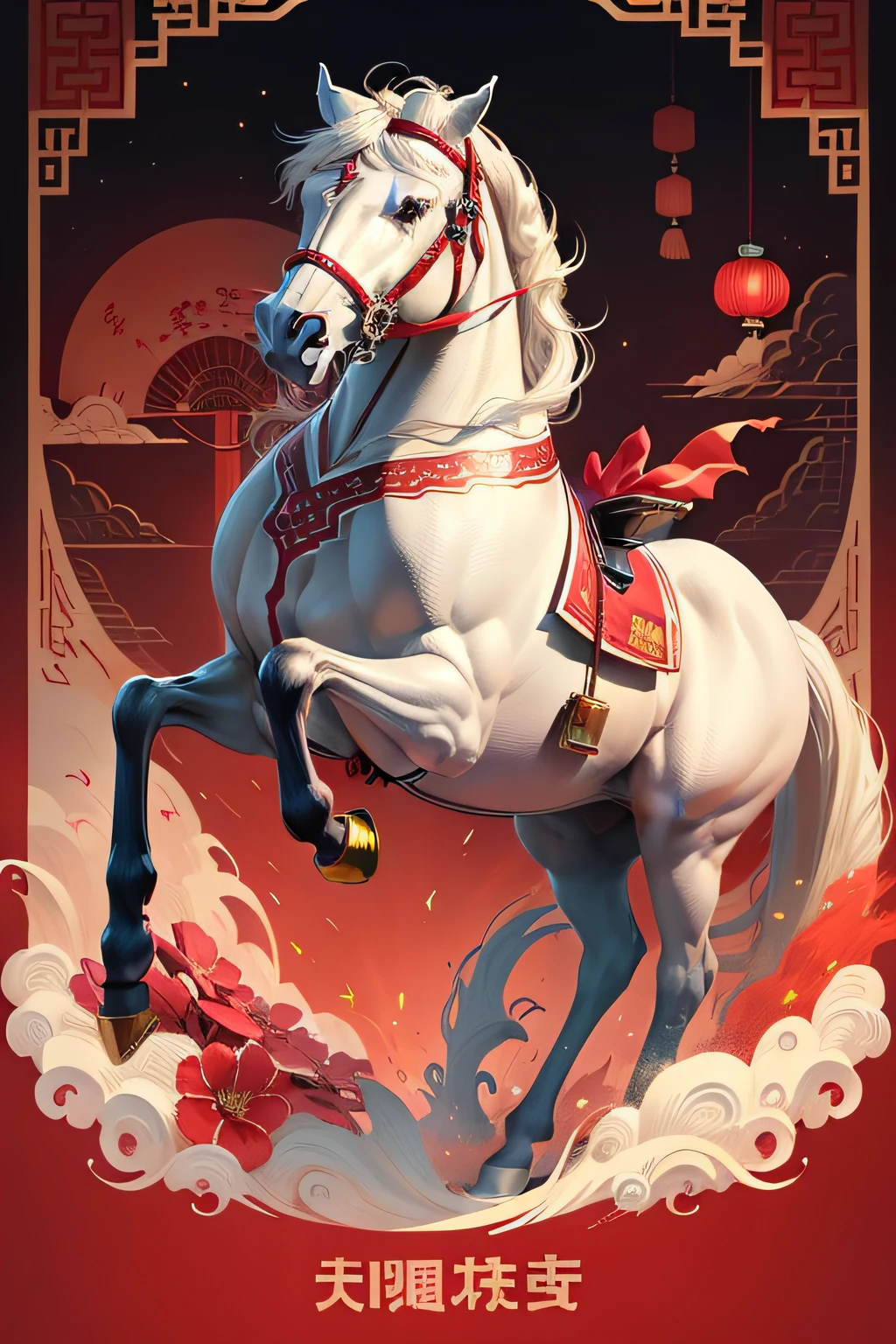 Convey the image of a happy white horse Child dressed in Chinese costume,Red holiday cute poster celebrating the New Year Festive atmosphere The words of the Year of the Horse are commercial There is an atmosphere of joy Chinese traditional horse Joyful background red with the words Happy New Year