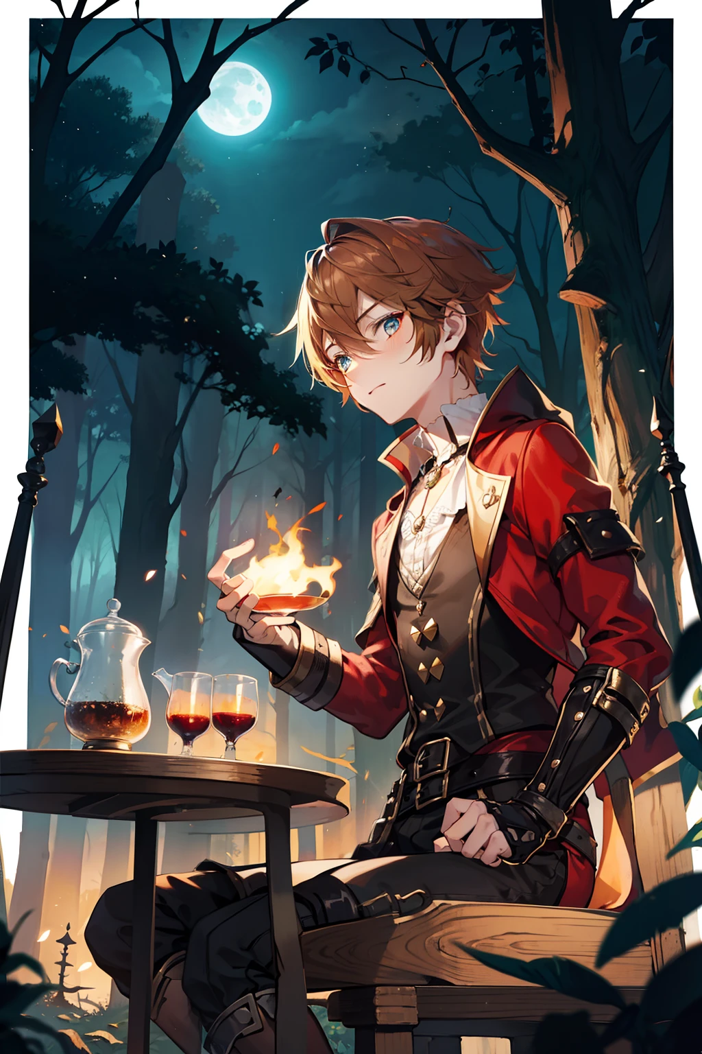 male people　twinks　{{ember}}　steampunc 　tea parties　Wonderland　The World of Fairy Tales　in woods　evening　Flocks of colorful birds 　Strange animals