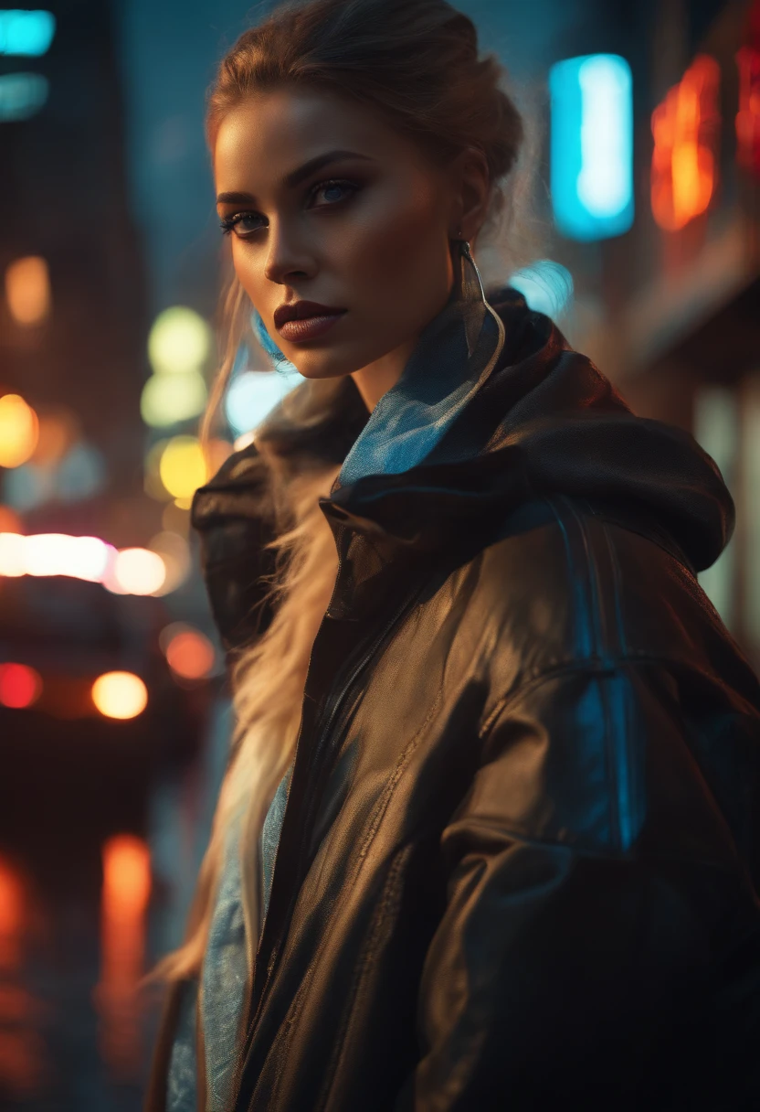 (best quality,masterpiece:1.2), (realistic,photorealistic,photo-realistic:1.37), cyberpunk style, detailed facial features, intense gaze, futuristic cityscape background, vibrant neon lights, high-tech gadgets, stylish clothing, immaculate hair, sharp jawline, piercing blue eyes, shadowy alleyway, holographic projections, rainy atmosphere, subtle reflections on wet surfaces, gritty and edgy vibe, urban decay, smoke and steam, cinematic composition, dynamic and engaging pose, confident expression, dynamic shadows and highlights, dramatic lighting, ultra-fine painting, captivating color palette, sci-fi elements, realistic textures, meticulous attention to detail.