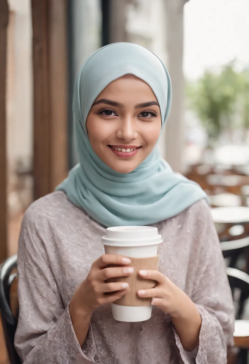 One malay girl in hijab with summer outfit drinking coffee  in cafe, cozy atmosphere, smiling to the camera,