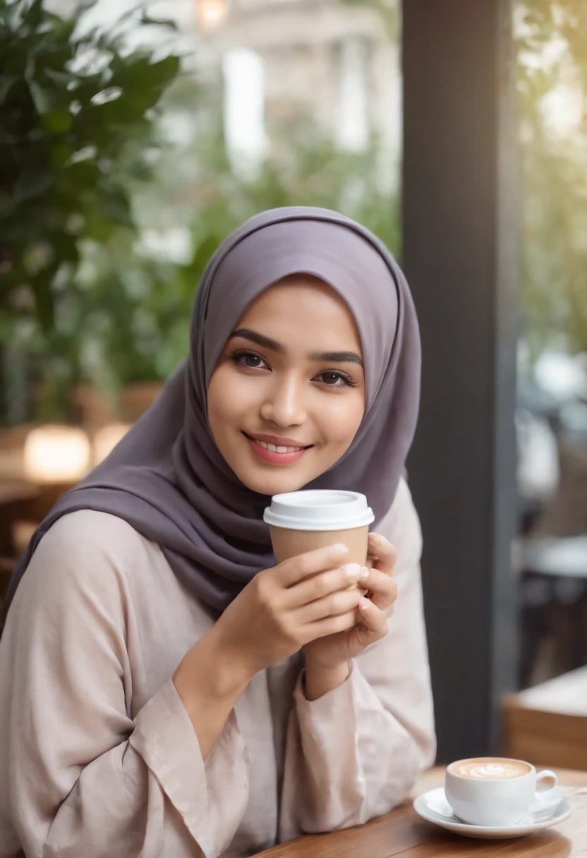 One malay girl in hijab with summer outfit drinking coffee in cafe, cozy atmosphere, smiling to the camera,