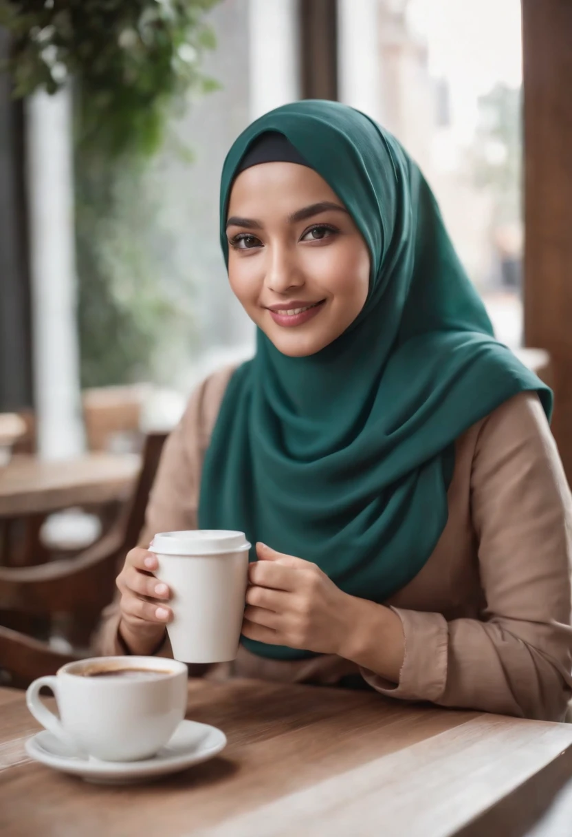 One malay girl in hijab with summer outfit drinking coffee in cafe, cozy atmosphere, smiling to the camera,