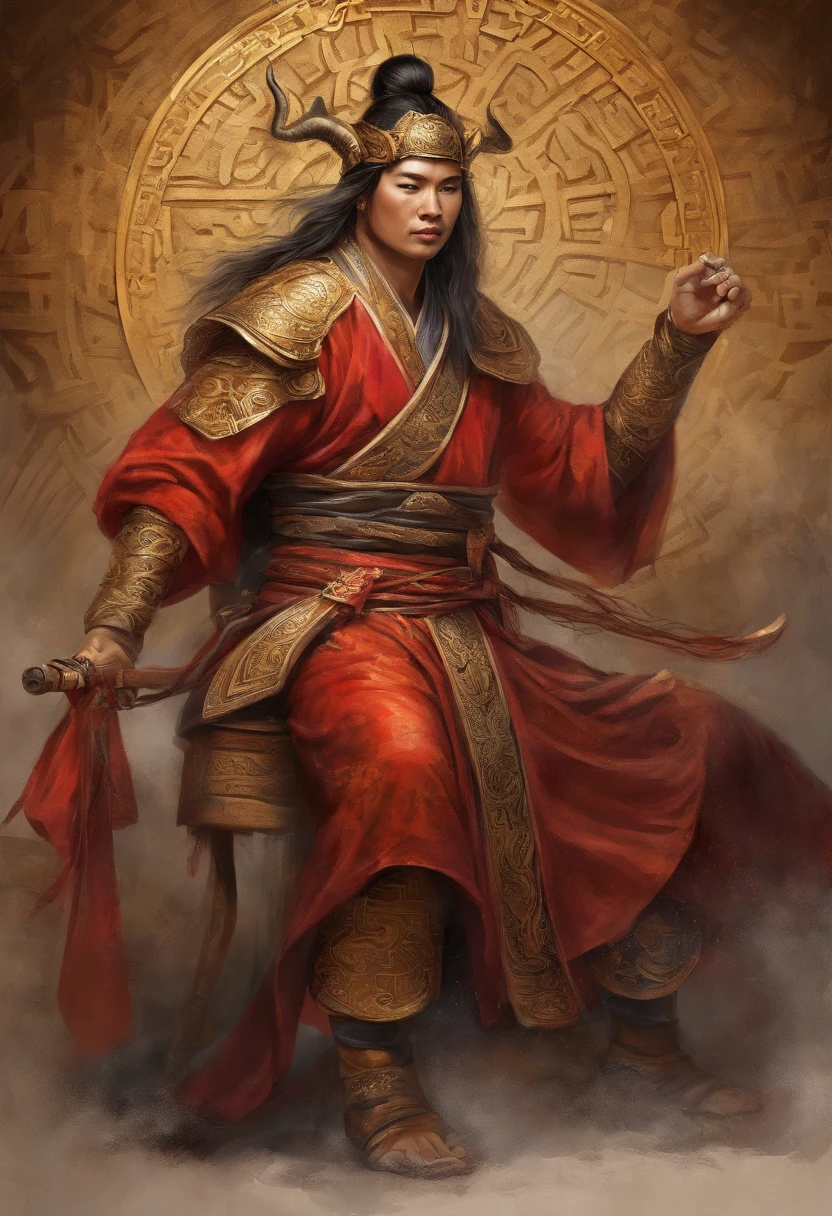 Chinese image，Profession is samurai。He wears a gorgeous red dragon robe，Served with gold armor，Wears a golden crown，Holding an ancient long sword，The background is a fiery battle scene，Show heroic and fearless momentum。The hairstyle is short black，The eyes are a deep brown，Accessories include gold earrings and necklaces。, Everyone wears a golden sweater and a perfect figure with a silver tattoo, photo hyper realistic, Colorful, Intricate, ultra detailed artistic photography, Colorful luminous ring, Shadows, oil on the canvas, Brush strokes, smooth, hyper HD, 32K, super sharp focus, masterpiece of intricate artwork, Ominous, matte painting film poster, Golden ratio, Intricate, Epic, Highly detailed, vibrant, production cinematic character render, Super high quality creation at Disney Studios, Photorealistic, Enticing positioning,