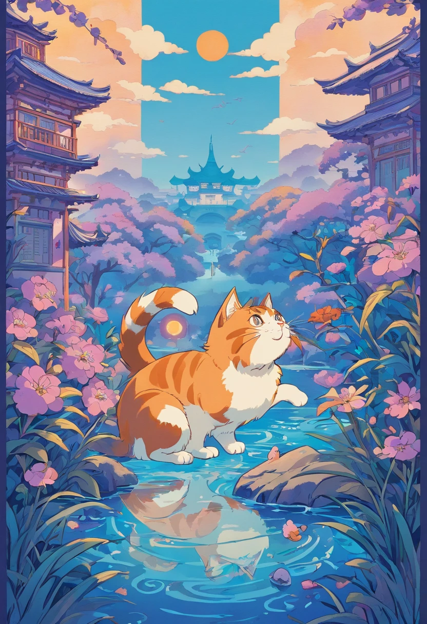 The cat is blue in this paper cut illustration, In the pattern style of oriental style, lith printing, eye-catching label, precisionist lines, Light purple and blue, Clean and sharp ink, Terracotta Medal