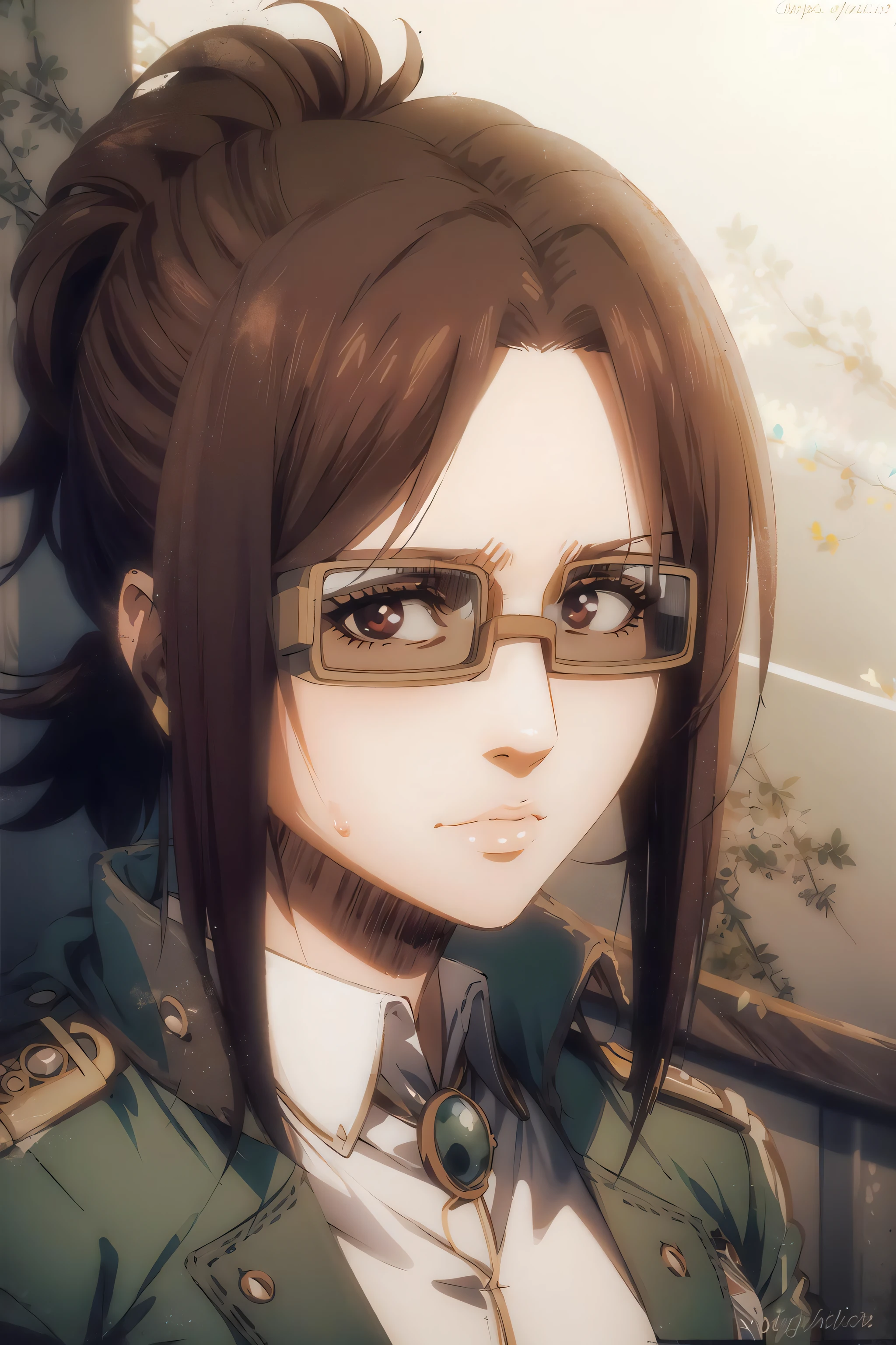 portrait of beautiful HangeAOT, 1girl, solo, jacket, glasses, uniform, emblem, paradis_military_uniform, survey_corps_\(emblem\), volumetric lighting, best quality, masterpiece, intricate details, tonemapping, sharp focus, hyper detailed, trending on Artstation,