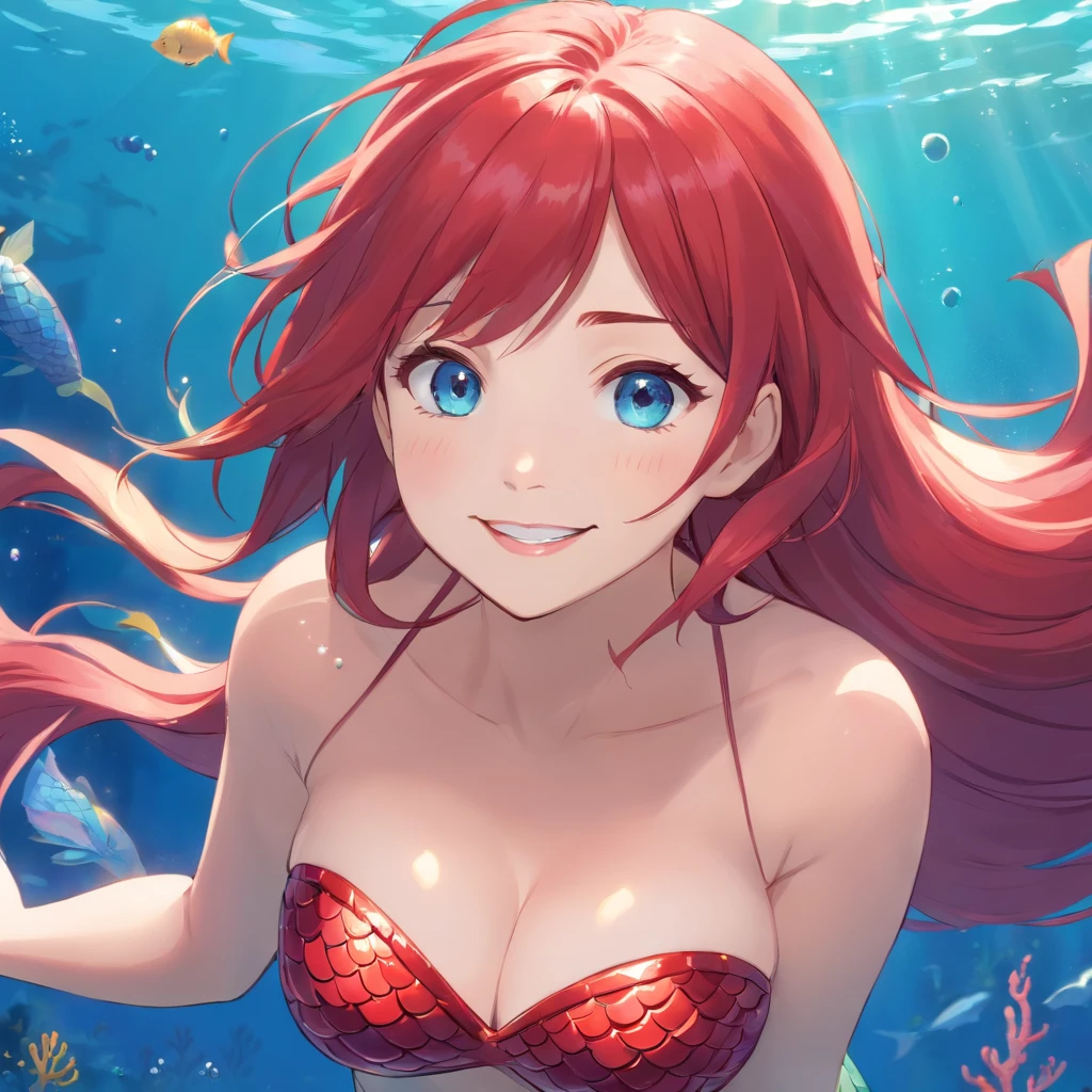 mermaid, red hair, long hair, blue eyes, large breasts, underwater, smile, red lips,