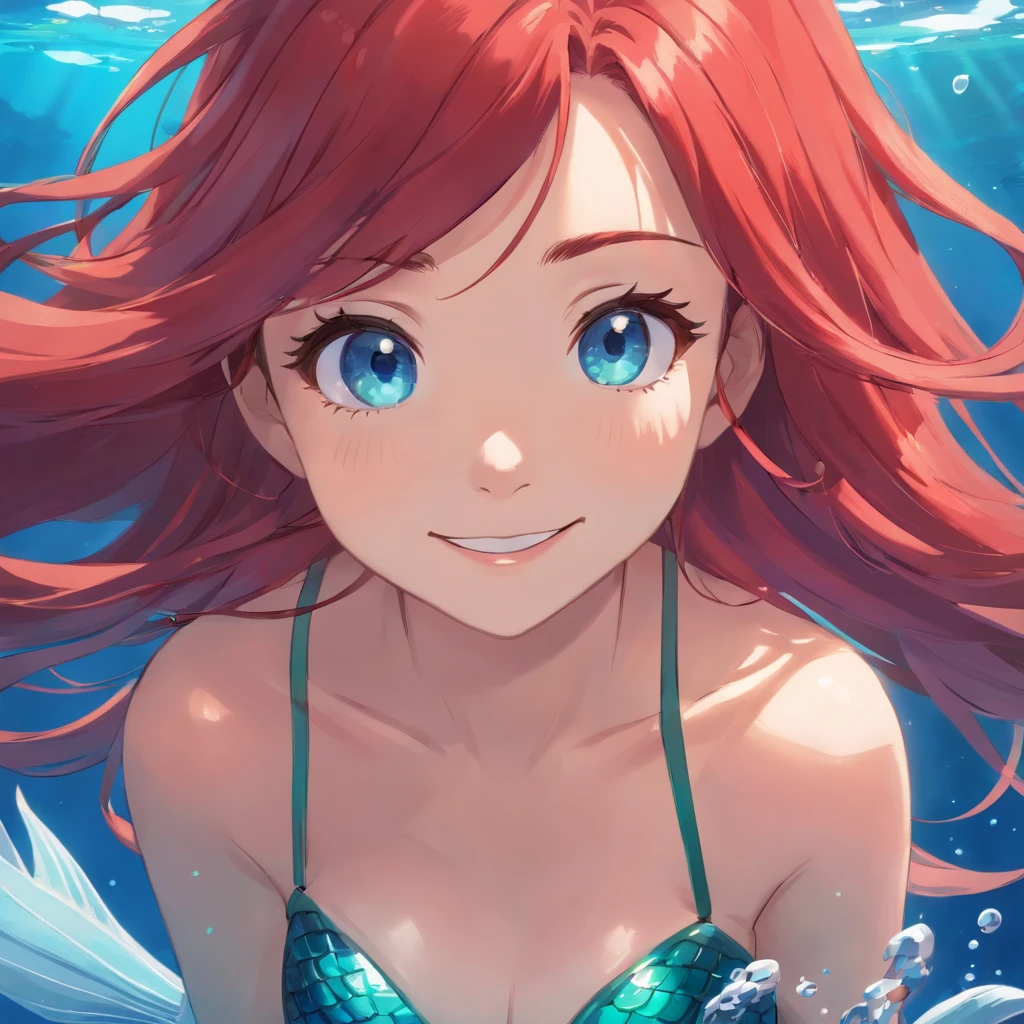 mermaid, red hair, long hair, blue eyes, large breasts, underwater, smile, red lips,