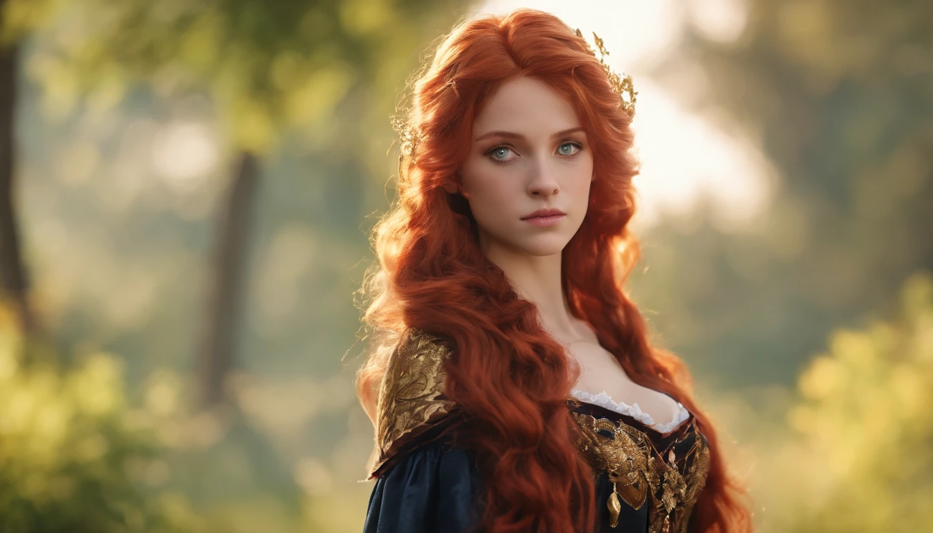 (best quality,4k,8k,highres,masterpiece:1.2),ultra-detailed,(realistic,photorealistic,photo-realistic:1.37),vivid colors,bokeh,(portraits),a girl with fiery red hair,gazing with intimidating blue eyes,a devilish expression,wearing a highly detailed black skirt with golden accents,pairing it with high heels,complementing her outfit with a red shirt also adorned with golden details.