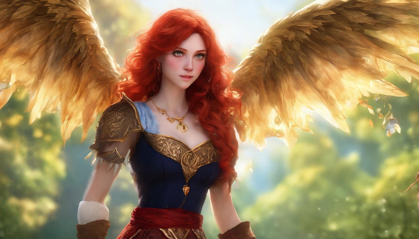 (best quality,4k,8k,highres,masterpiece:1.2),ultra-detailed,(realistic,photorealistic,photo-realistic:1.37),vivid colors,bokeh,(portraits),a girl with fiery red hair,gazing with intimidating blue eyes,a devilish expression,wearing a highly detailed black skirt with golden accents,pairing it with high heels,complementing her outfit with a red shirt also adorned with golden details.