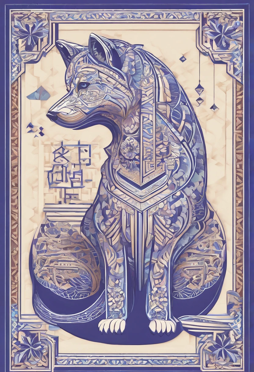 the dog is in bluein this paper cut illustration, in the style of eastern-inspired motifs, lith printing, eye-catching tags, precisionist lines, light purple and cblue, clean and sharp inking, terracotta medallions