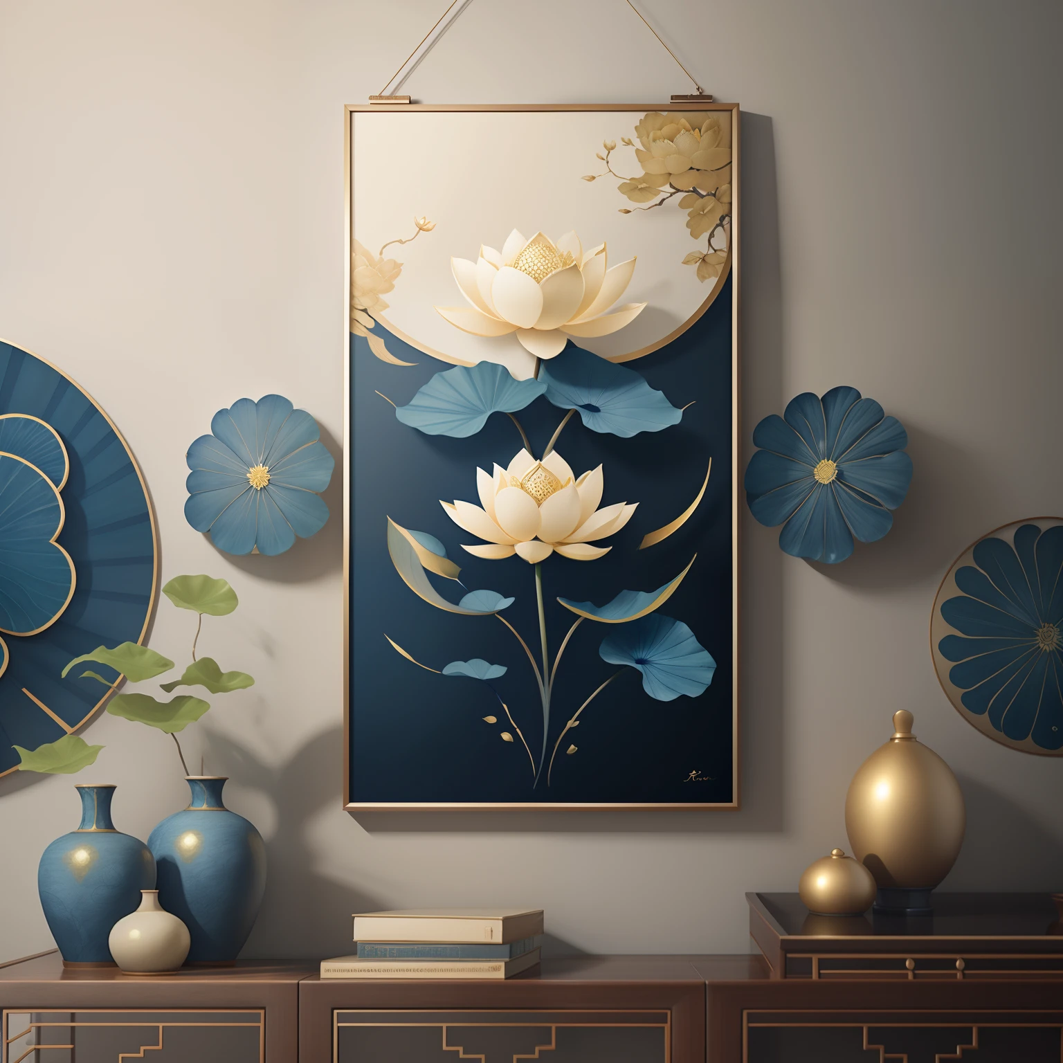 lotus flower ,Lotus leaf,Blue and gold Chinese wall art,Dark blue Chinese art print, Chinese decoration, Minimalist wall art, Indigo