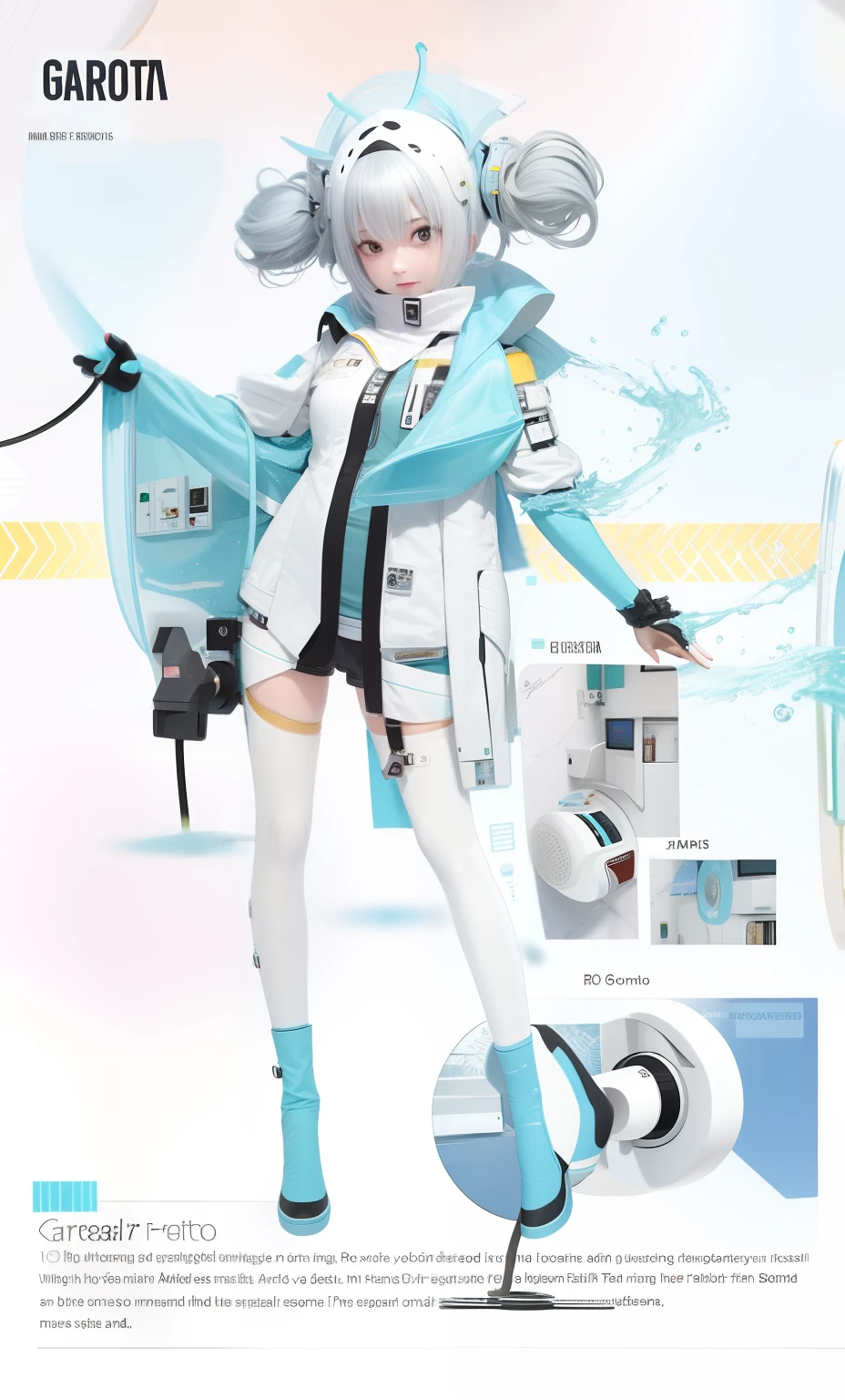 garota futurista flutuando na banho com aparatos tecnologicos