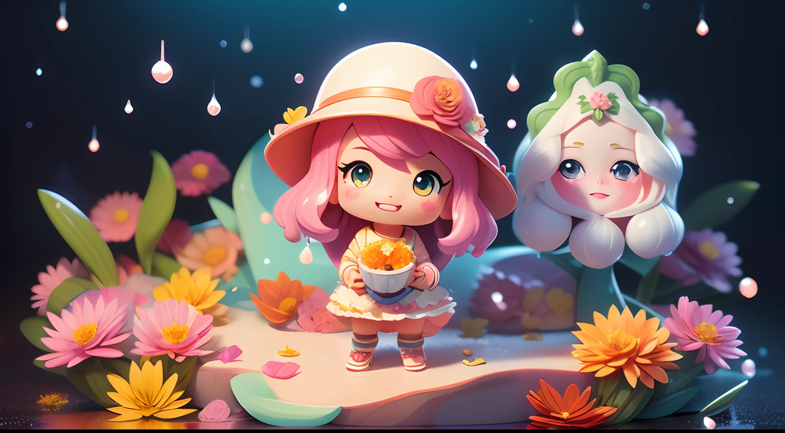 photoRealstic、Doll standing in front of the painting(nendroid)、a smile、Water droplets on the cheeks、Put your index finger on your cheek for a cute pose、Sengai、pixiv、rokoko、dollfie dream、watercolor Nendoroid、(High Definition Figure)、Flowing iridescent silk、up of face、There are also flowers in front of the nendroids、Phoenix petals、season!!: 夏☀ 🍂 鳶足
