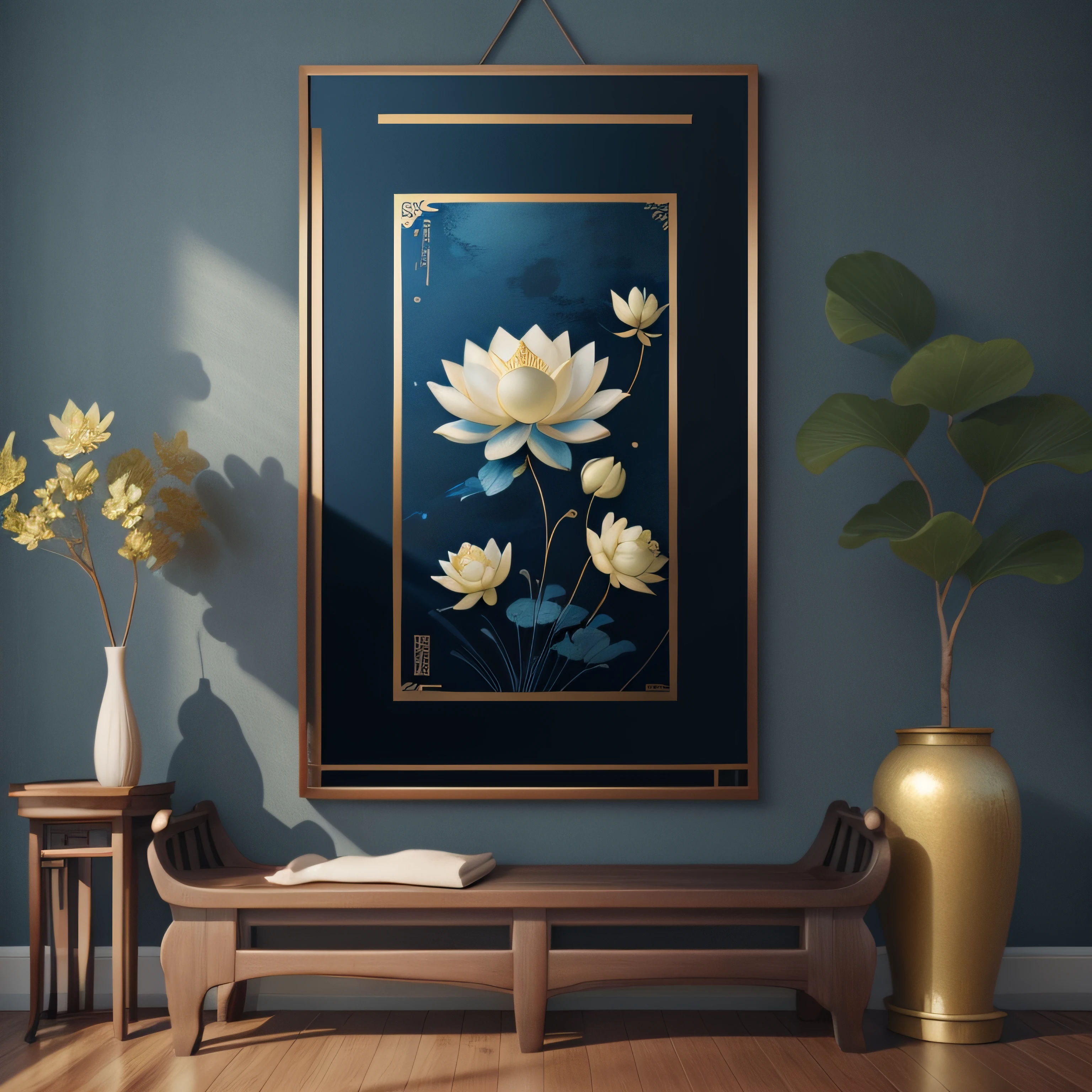 lotus flower ,Lotus leaf,Blue and gold Chinese wall art,Dark blue Chinese art print, Chinese decoration, Minimalist wall art, Indigo