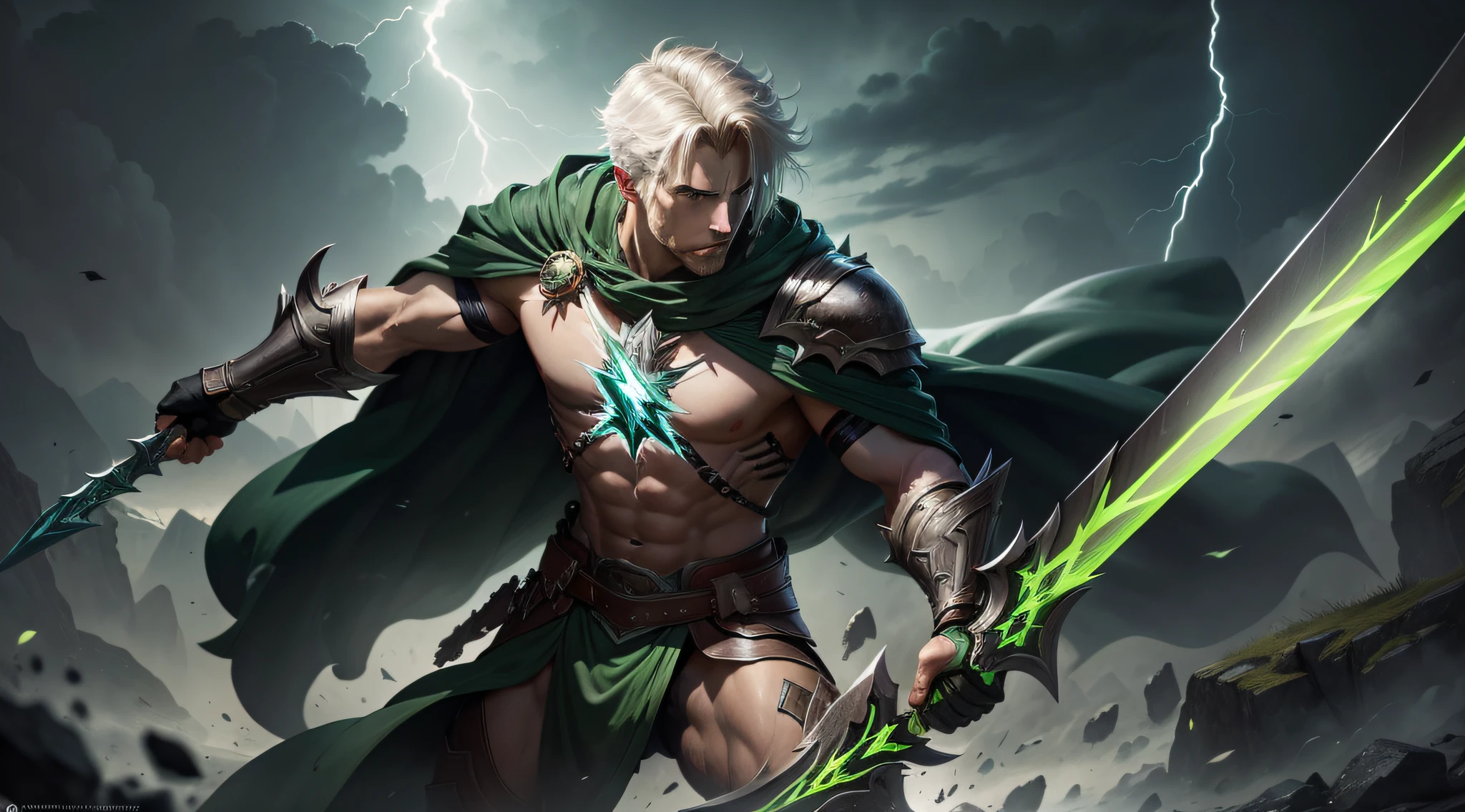 (EPIC ACTION: Young male water genasi druid) with (medium length silver hair), (light blue skin), (pet otter on shoulder) wearing (green robe), D&D style, (4k), (amazing background).