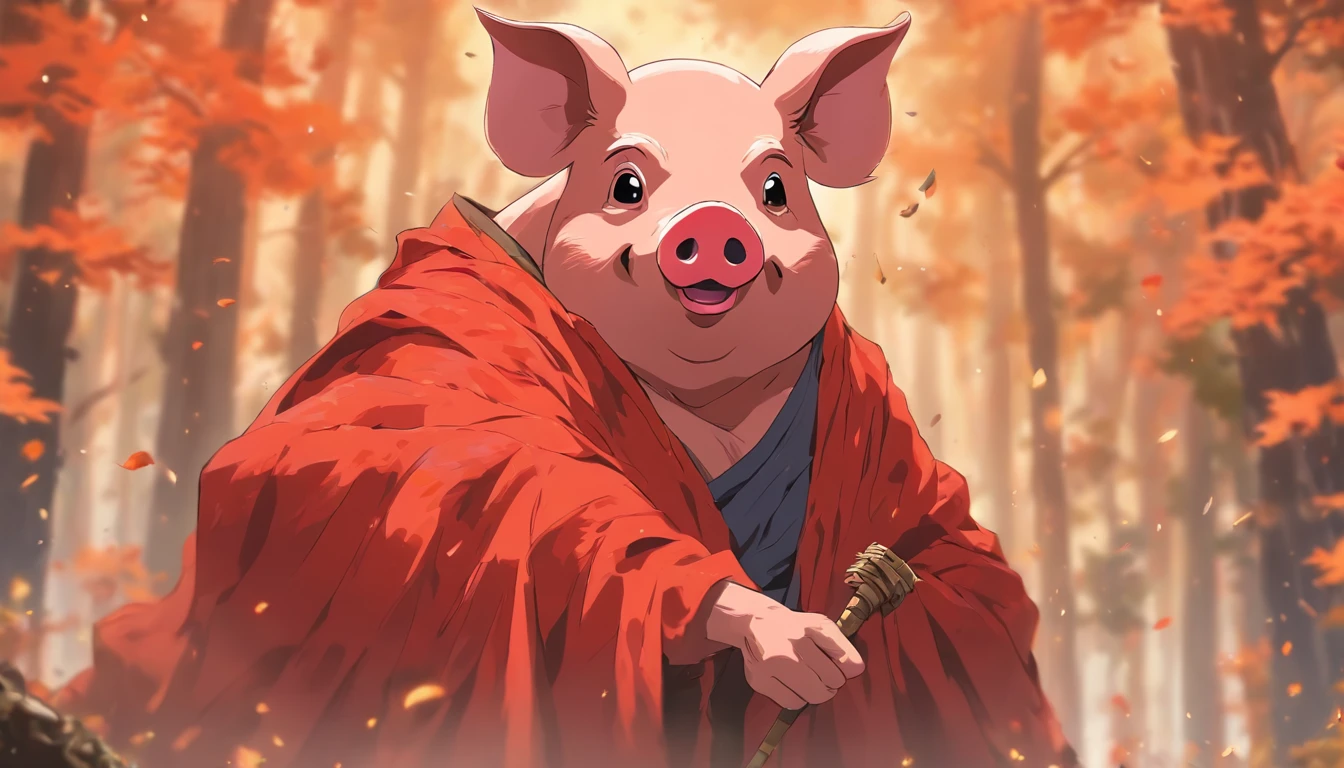 Pig-headed man,One guy,Wearing monk robe,Take a nail rake,at a forest,Snes painting