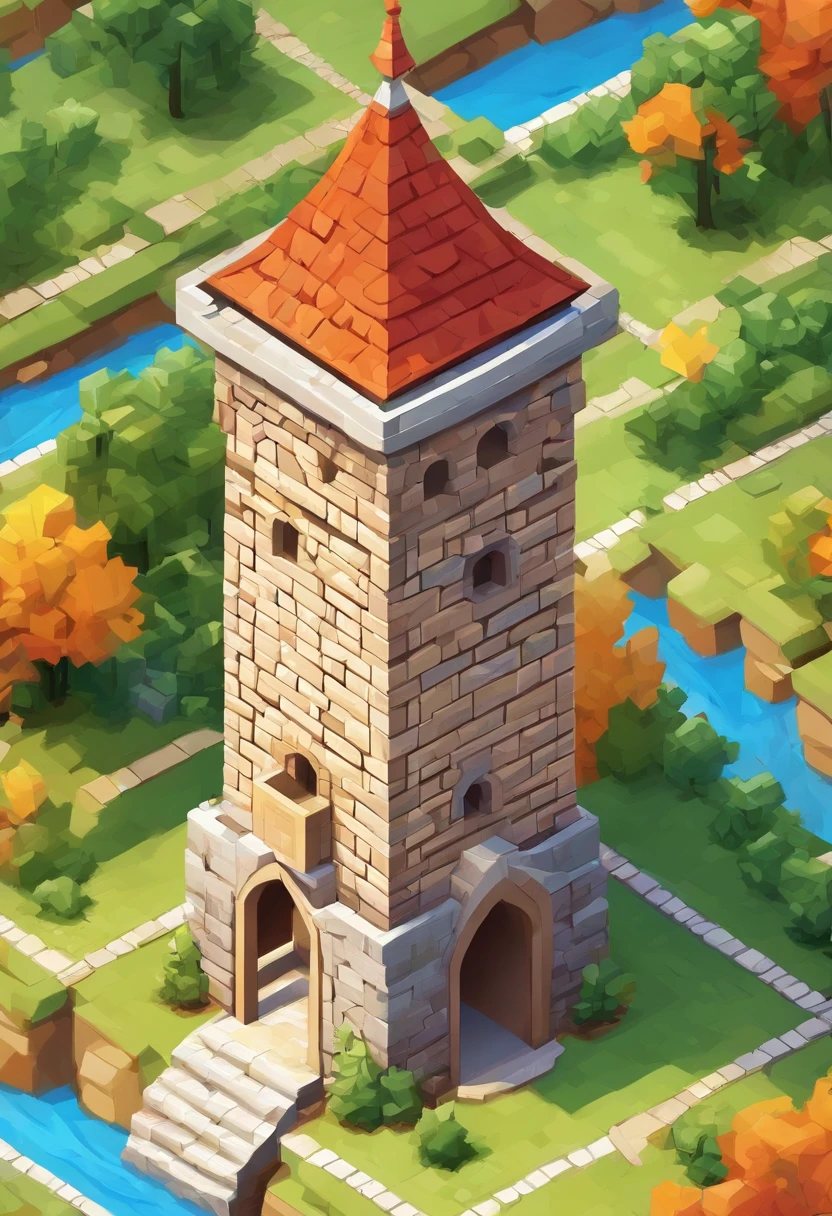 absurderes, Best quality, fantasy, isometry, Kneeling style (Miniature brick round tower:1.2), tree, stone wall, (Simple background:1.2)