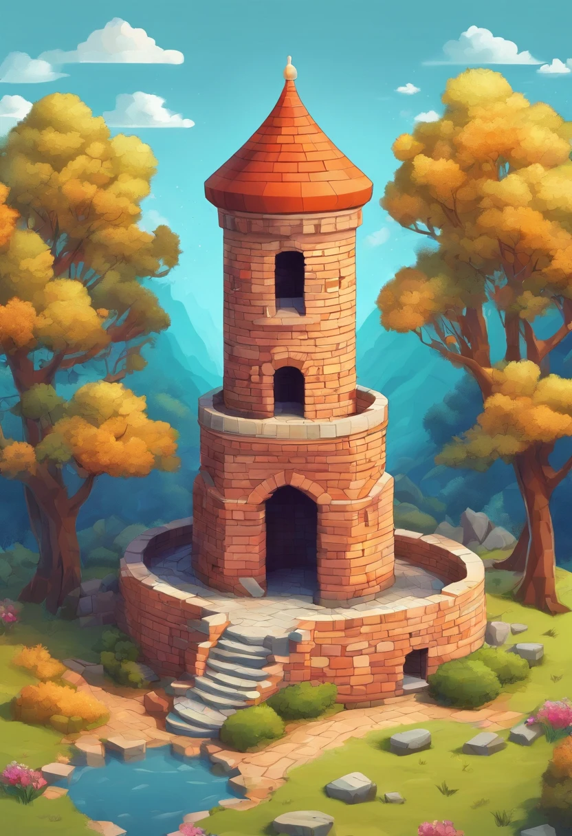 absurderes, Best quality, fantasy, isometry, Kneeling style (Miniature brick round tower:1.2), tree, stone wall, (Simple background:1.2)