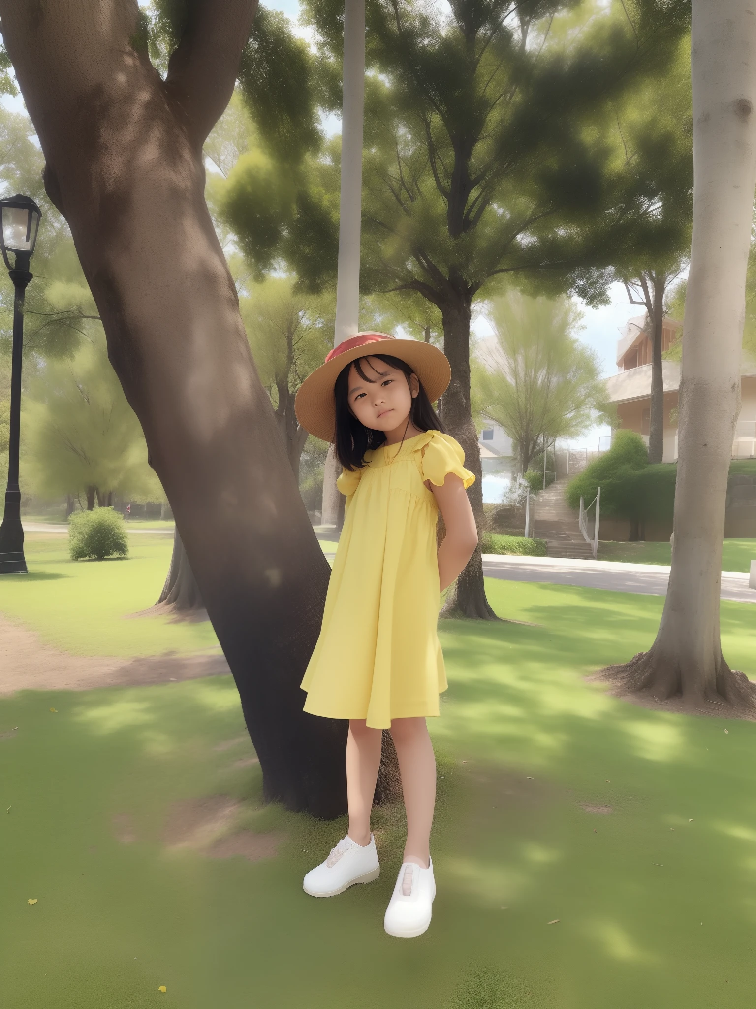 there is a young girl standing next to a tree in a park, wearing wheat yellow gauze, on a sunny day, in a park, loli, with yellow cloths, organic dress, with a tall tree, kids, girl, with straw hat, bright sunny day, lady using yellow dress, wearing wide sunhat, summer dress, next to a tree