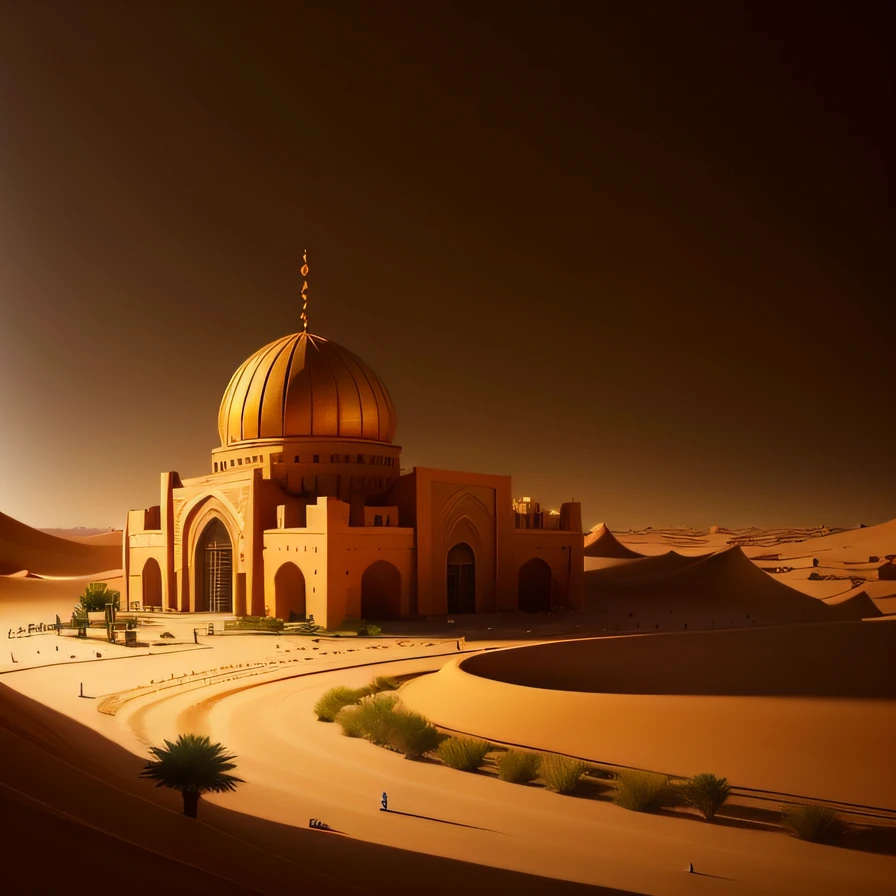 Five star hotel in the desert:60000 miniatures,3D equidistance,Arabic style,Realistic painting,cinematric light,Lunar soil,deep in the night,Magnificent