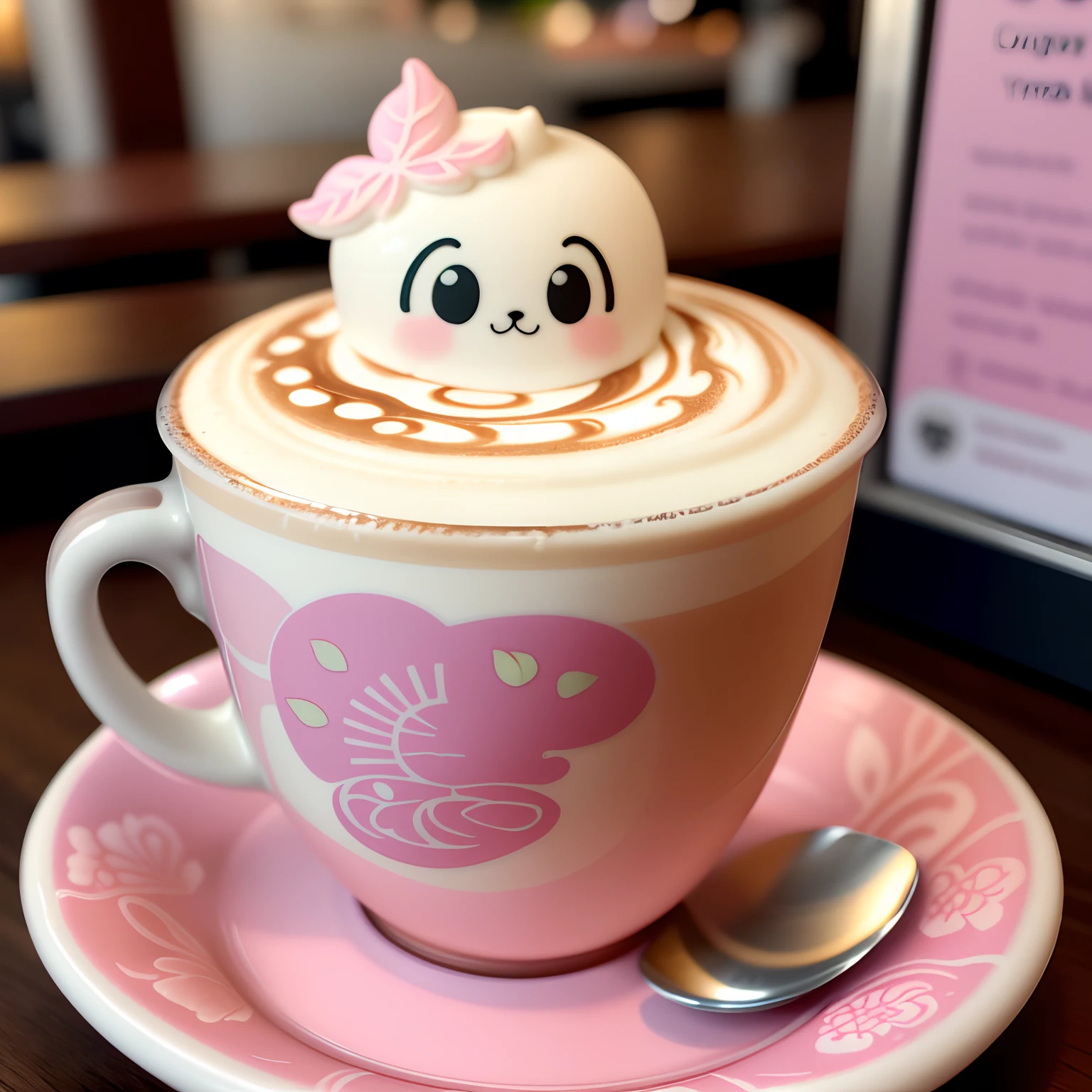 A latte with, best quality, octopus foam, cute pink cup, hyper-detailed, focus on latte with leaves in the pattern of leaves, coffee shop in the background