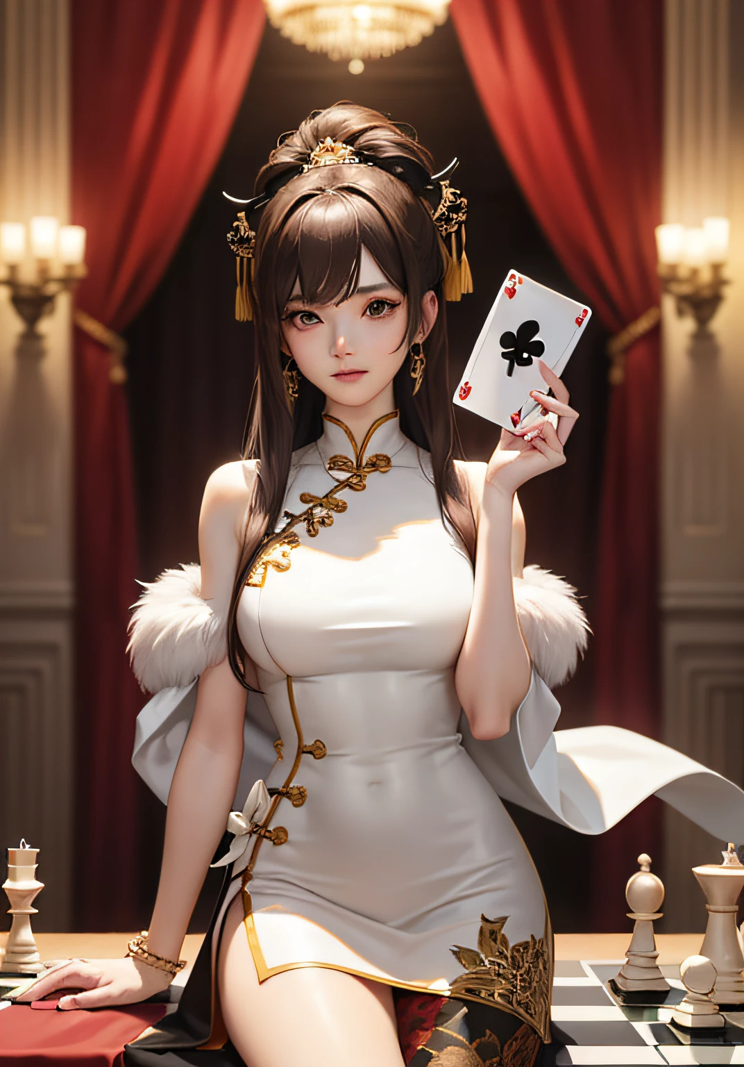 ((Best quality,tmasterpiece,A high resolution,CG)),tmasterpiece,Need,(Chess elements),(Light Chinese style:1.3),Straight brown hair,dishiveredhair,Floral hair ornaments,The top is white,The skirt is red,Sculpt the sleeveless cheongsam(No chest, no chest),Chess and card element hair accessories,Chess and card element pattern,goddes,Ultra-realistic realistic 3D,No streamers,(Fine hands),(Playing cards in hand),Wearing a fur shawl