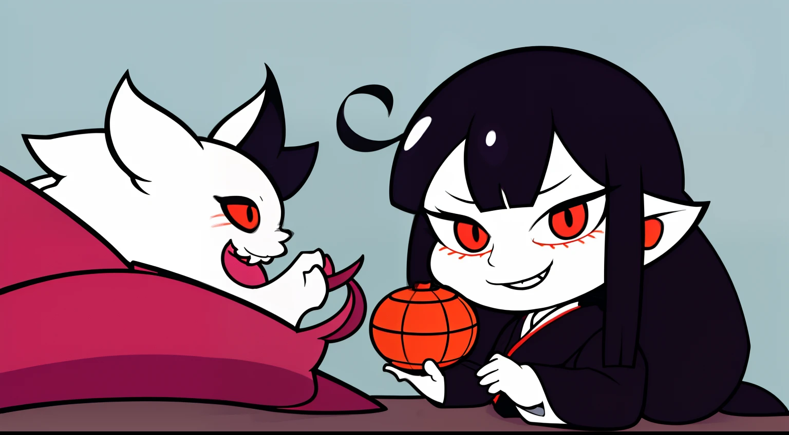 Please draw a、Japan Yokai Zashiki Michi-style cute monster。This monster has fluffy fur and big eyes.、She always seems to smile and have fun。The color palette is bright pastel colors、Background is with family enjoying picnic。