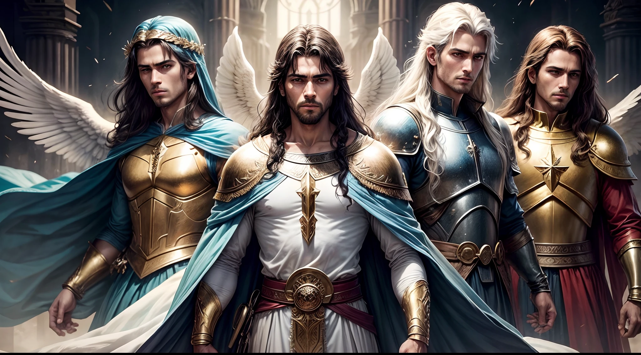 closeup 4 anjos do senhor com grandes asas, os 4 arcanjos de Deus, gabriel, rafael, miguel e uriel, Sky Warriors, capa de filme, Biblical setting, ultra realista, 4 anjos com asas grandes, biblical movie cover, anjos e arcanjos, anjos com asas grandes, 4 Archangels with wings and biblical clothing, roupas de anjos --auto