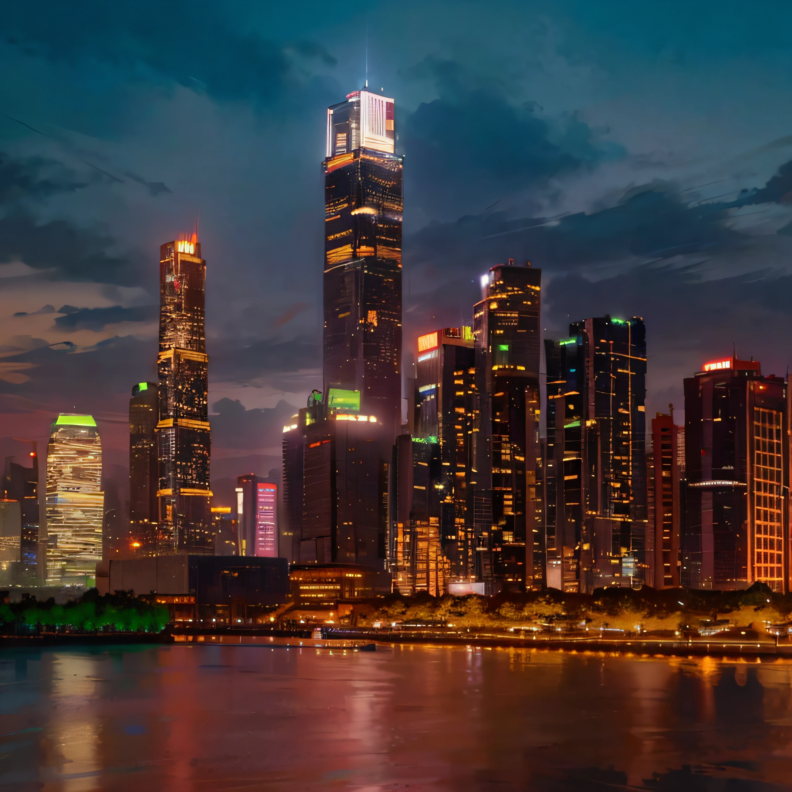 Alafi illuminates the city skyline at night,There is a river in front, shenzhen, Beautiful cityscape, Beautifully lit building, skyline showing, City in the background, city twilight landscape, night shot, with tall glass skyscrapers, urban in the background, photography shot at blue hour, Beautiful city of the future, super wide view of a cityscape,The words that show the official way through the lights