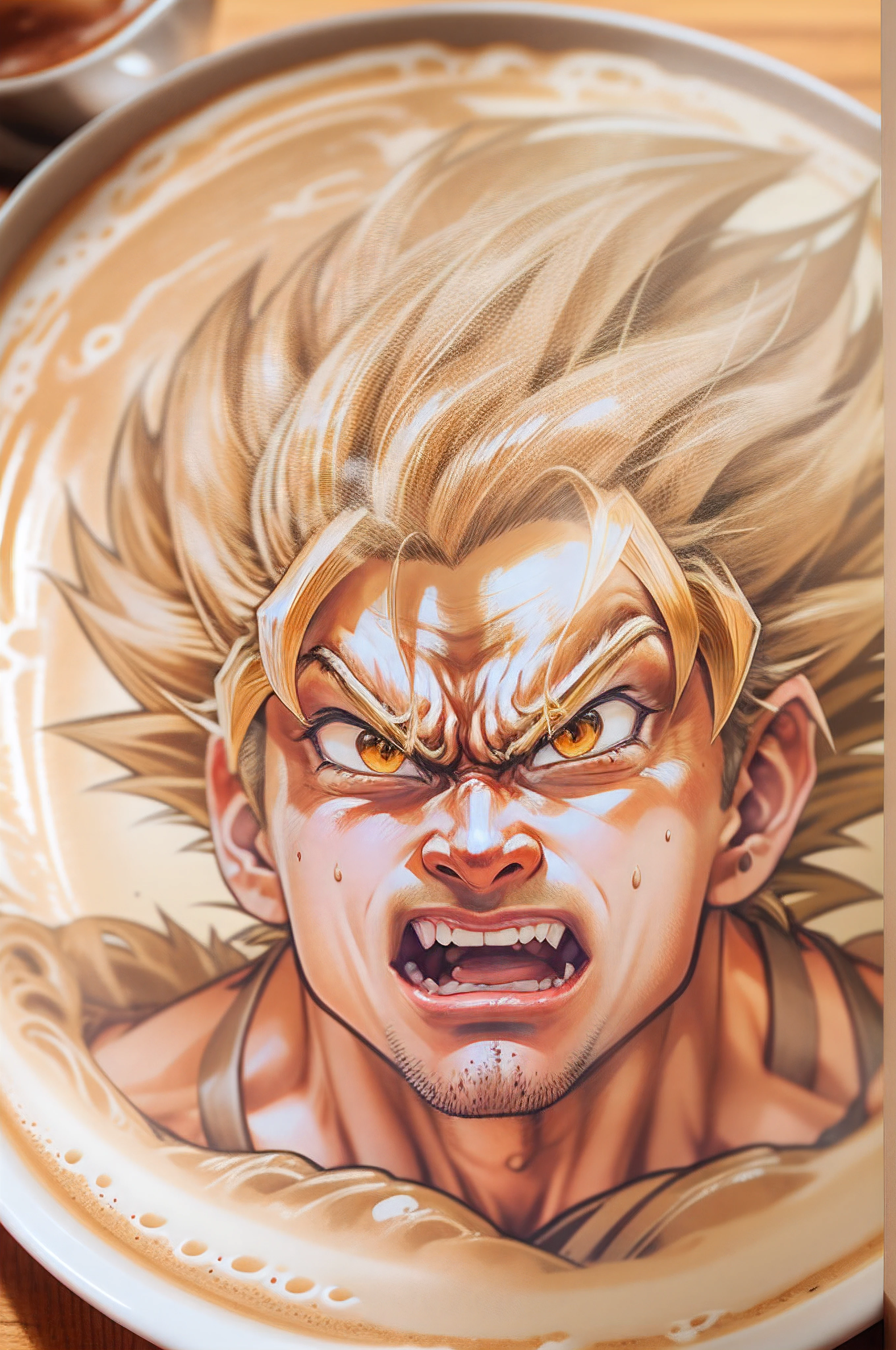 a cup of latte coffee, latte is drawn highly detailed portrait of goku (inside the cup)