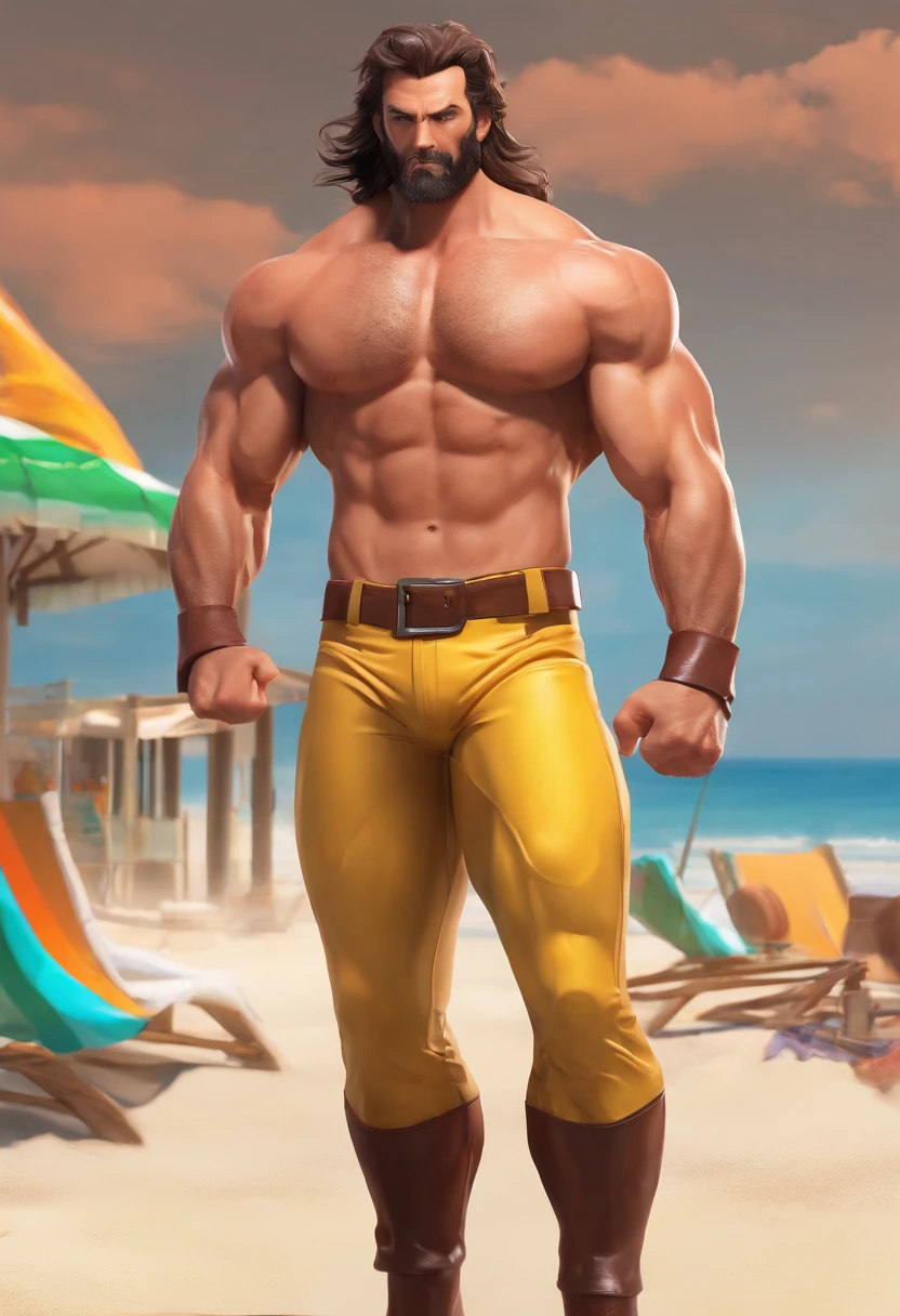 Wolverine standing in front of the beach villa，and hold your head in your hands，Panties show off the figure ，aged 40，Asian male，Nasolabial folds，The whole body is wet with water，red brown hair，Reddish-brown beard，large pecs，Brownish-yellow skin，There is white fluid slipping from the chest muscles，There is a white liquid sliding down the thigh，Red panties，((Crotch bulge))，A confident expression，Detailed hair details，Paintings in the style of Gaston Busier， gentlesoftlighting， low-contrast， (best qualtiy)，tmasterpiece，Detailed eyelid details