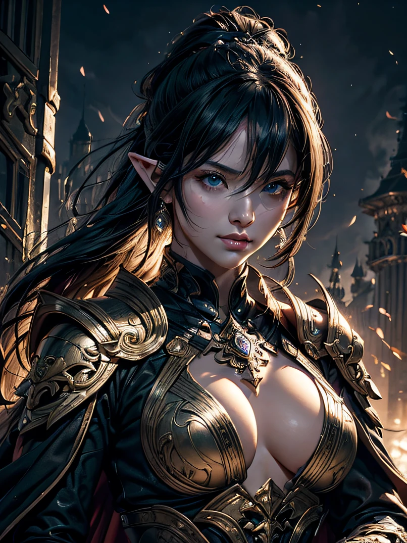 top-quality、Ultra-detailed、Cinematic lighting、Unique lighting effects、FULL BODYSHOT、Portrait of beautiful 30 year old female elf、Environments with complex details、Elegant person、Graceful aura、Elaborate patterns that blend fantasy and modernity、Black cloak of flowing fabric、Richly textured black leather armor and leggings、Black knight armor with delicate carving、Knight's helmet、Swinging a sword、Multiple enemy soldiers attacking the background、Burning cityscape and medieval castle、Mystical atmosphere filled with magical elements、Dynamic lighting with vibrant colors、Detailed background depiction、Deep sense of depth、Depth and mood、Slender figure、A dark-haired、Hairstyle Ponytail、Seductive blue eyes、Sharp eyes、hyperdetailed face、Detailed eyes、Detailed hand depiction、Detailed foot depiction、battle posture、Dynamic action