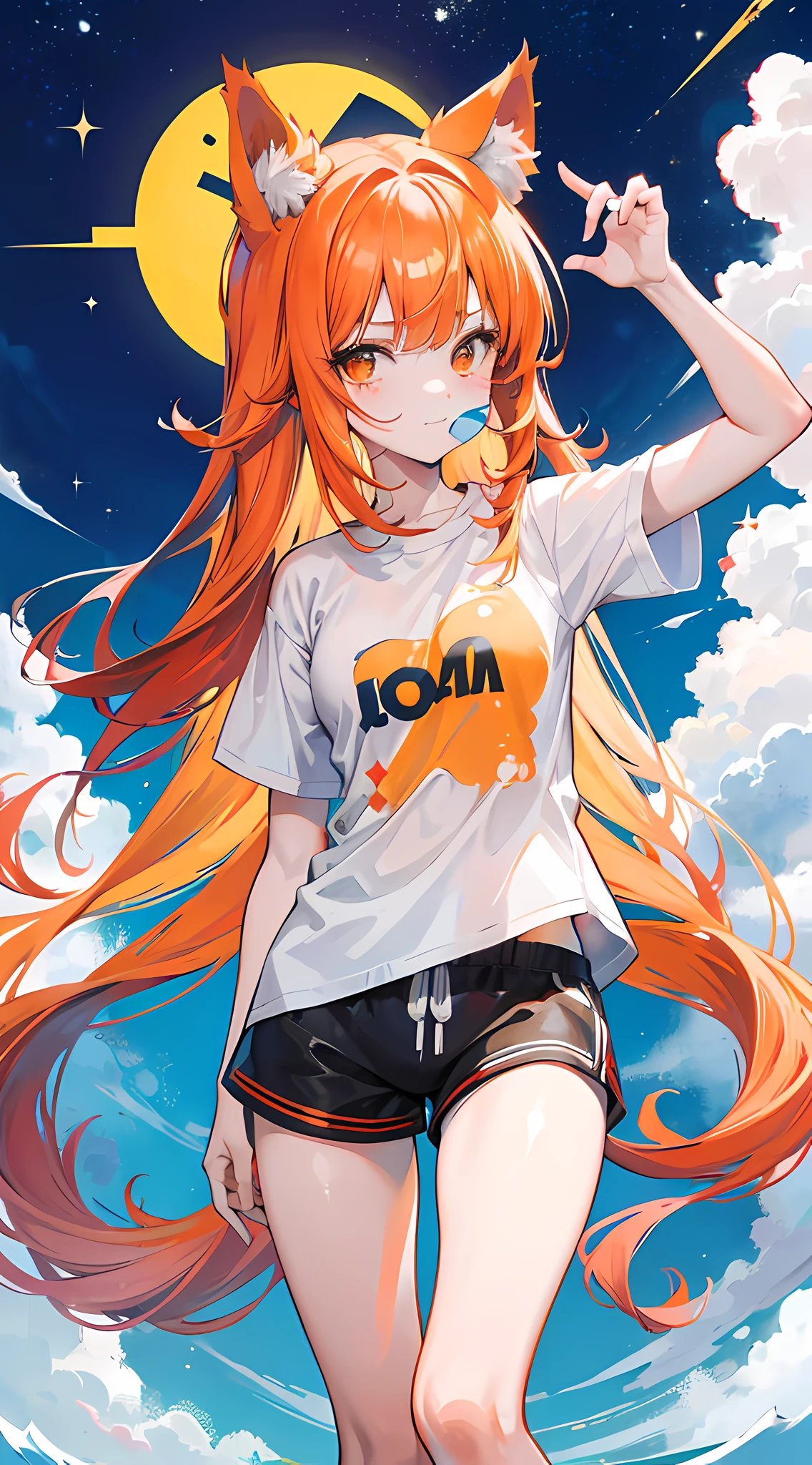 Una chica de anime, orejas de gato peludo naranja, pelo naranja peludo largo suave, linda cara sonriente,ojos color amarillo, playera color azul plana y sin mangas, shorts cortos color gris claro, piernas al desnudo, tenis color gris claro, lunar a la izquierda de la boca, una cinta roja amarrada en la parte alta del brazo izquierdo, Dynamic standing posture, imagen a cuerpo completo