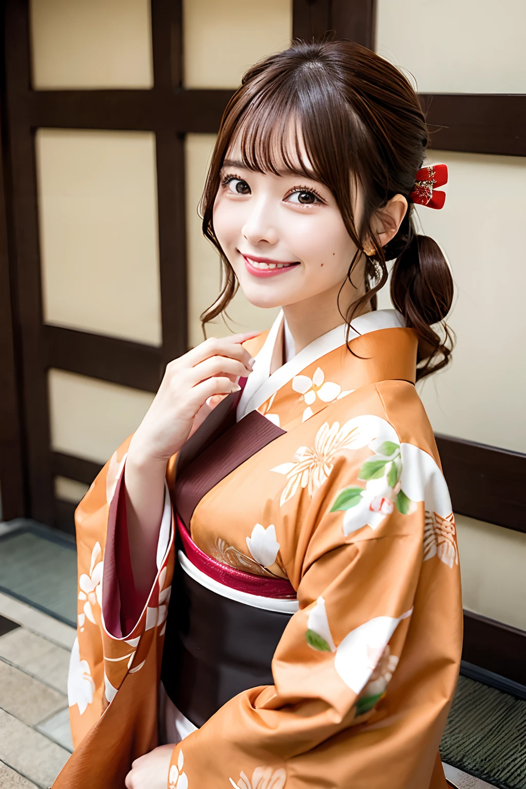 masutepiece Best Quality Streets of Kyoto Kimono Uphair brown haired Natural smile