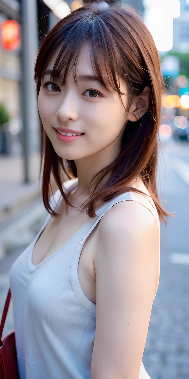 1人、Tokyo Street、natta、A city scape、city light、The upper part of the body、a closeup、a smile、、(8k、RAW Photography、top-quality、masterpiece:1.2)、(realisitic、photoRealstic:1.37)、Blue tank top、Red hair