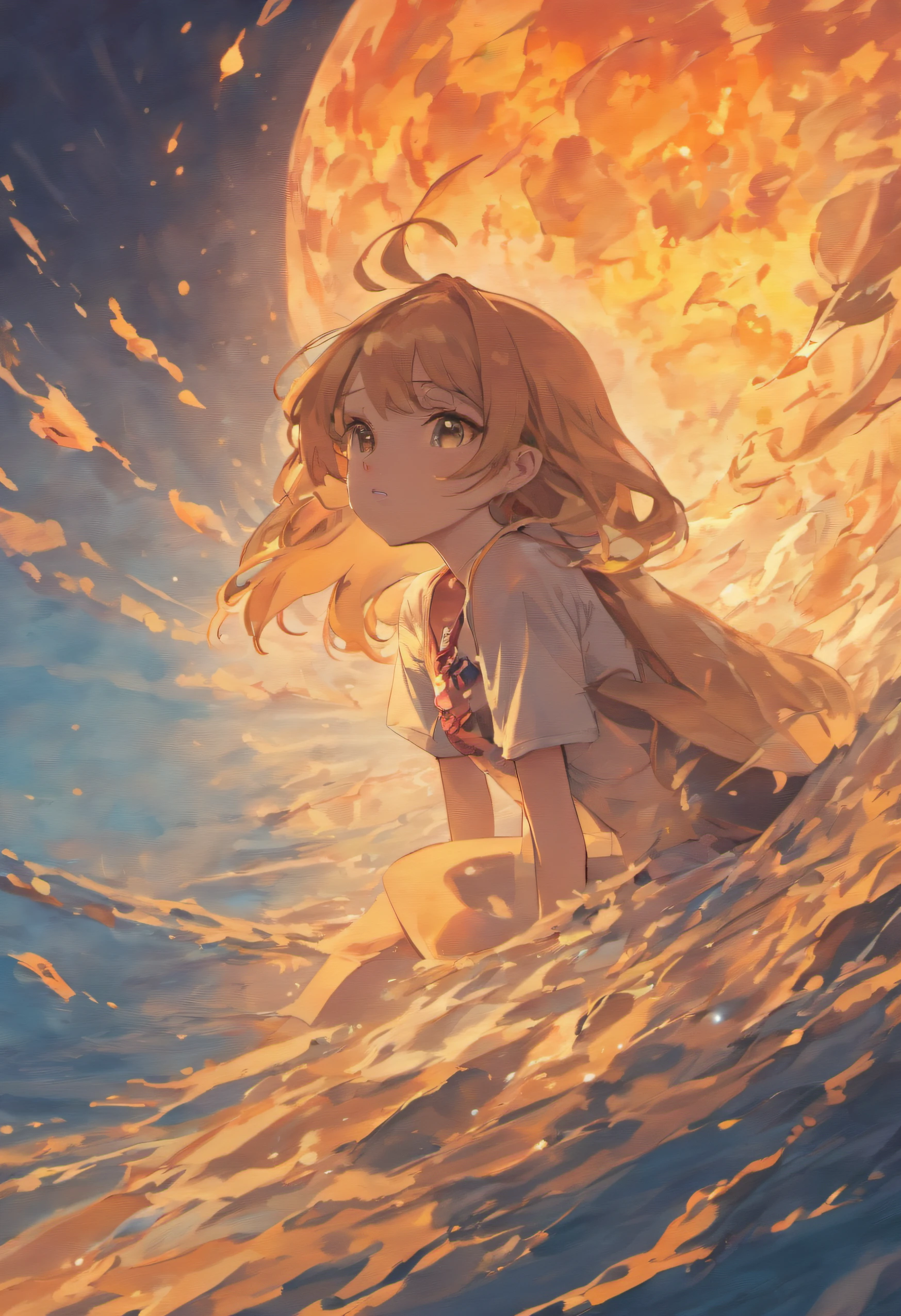 The sea is deep blue There are burning clouds on the surface of the sea Reflected on the surface of the sea A girl
Close up of a girl sitting quietly on the surface of the sea (Look at the detailed comparison of the burning clouds reflected on the surface of the sea ) Leaning against a yellow-orange moon with moonlight on the ground Take pictures, Detailed and intricate, Instagram, Portrait, Highly detailed, Digital painting, art stations, concept-art, smooth, Sharp focus, illustration, Cinematic lighting