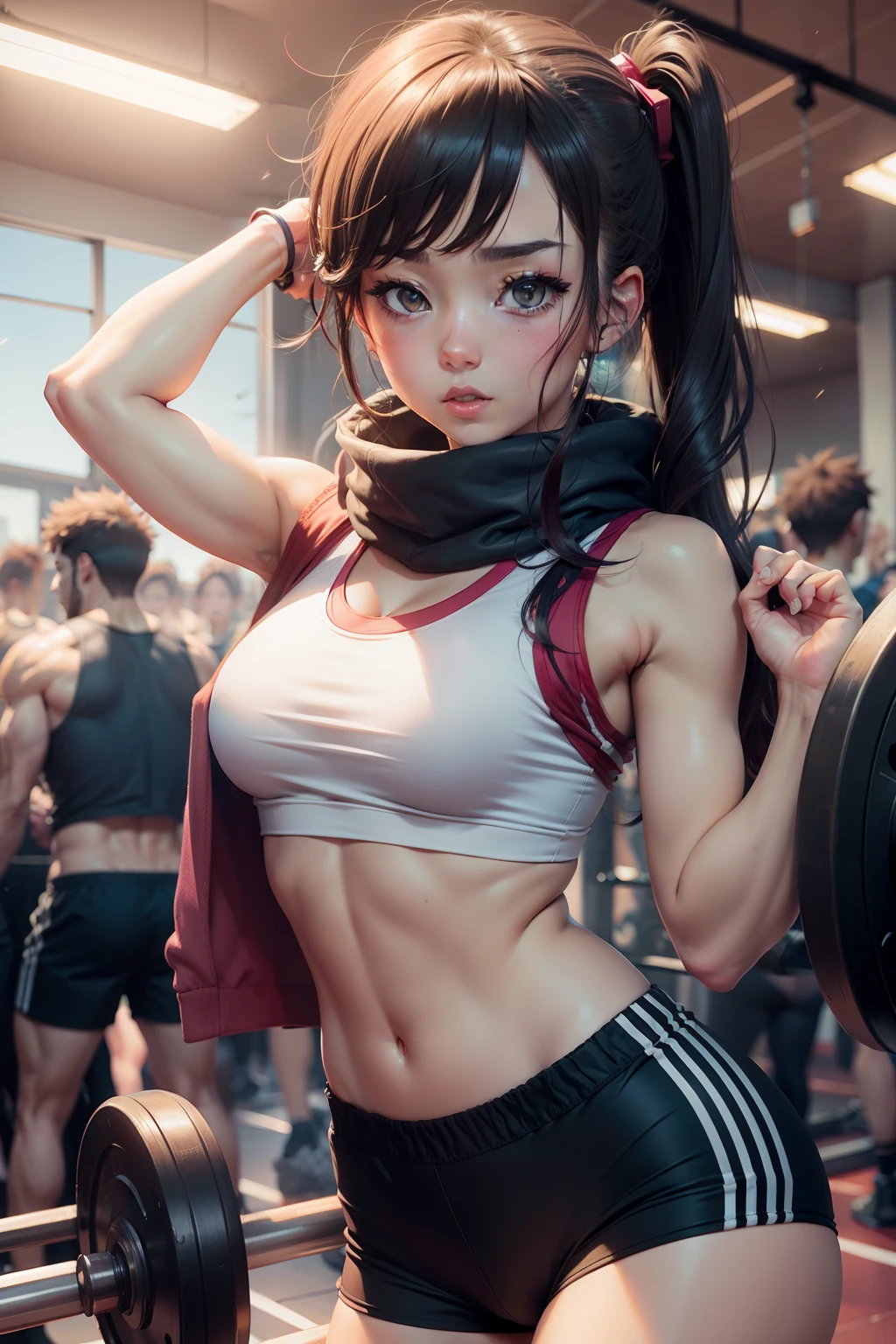 anime stye. crowded gym. half dressed. asteroid falling from sky