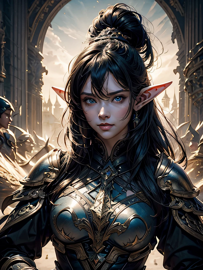 top-quality、Ultra-detailed、Cinematic lighting、Unique lighting effects、FULL BODYSHOT、Portrait of beautiful 30 year old female elf、Environments with complex details、Elegant person、Graceful aura、Elaborate patterns that blend fantasy and modernity、Black cloak of flowing fabric、Richly textured black leather armor and leggings、Black knight armor with delicate carving、Knight's helmet、Swinging a sword、Multiple enemy soldiers attacking the background、Burning cityscape and medieval castle、Mystical atmosphere filled with magical elements、Dynamic lighting with vibrant colors、Detailed background depiction、Deep sense of depth、Depth and mood、Slender figure、A dark-haired、Hairstyle Ponytail、Seductive blue eyes、Sharp eyes、hyperdetailed face、Detailed eyes、Detailed hand depiction、Detailed foot depiction、battle posture、Dynamic Motion