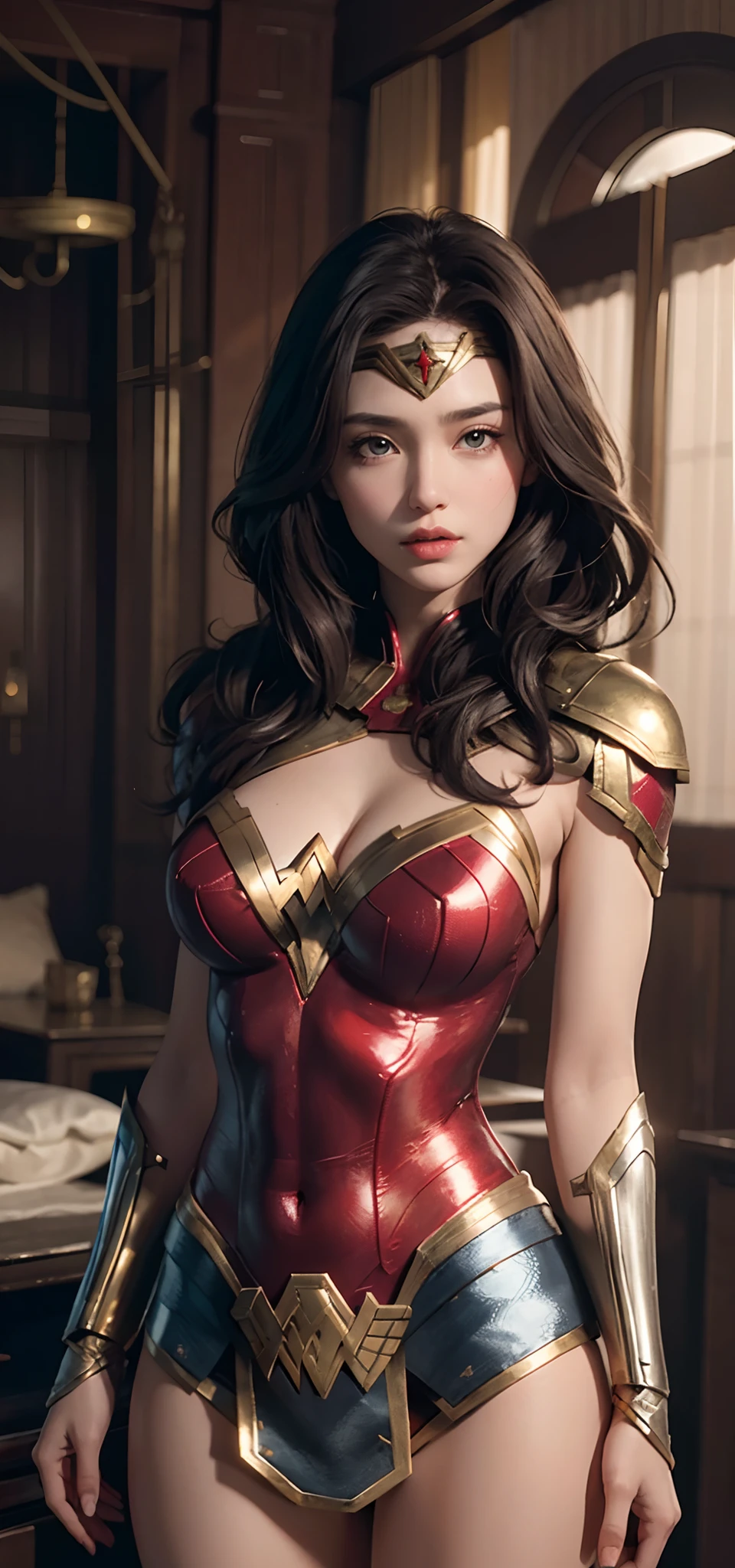 (1girll:1.3)、独奏、__Body parts__、offcial art、统一 8k 壁纸、ultra - detailed、Beauty and aesthetics、big breasts beautiful、tmasterpiece、best qualtiy、Fantastical Atmosphere、calm color palette、Tranquil Mood、soft shade、Bigchest,Big breasts Thin waist,revealing breasts,Bare lower body,Background with:aerodrome,Planes,wonder women,Wearing:Wonder Woman uniform,Armour,Gold wire embroidery