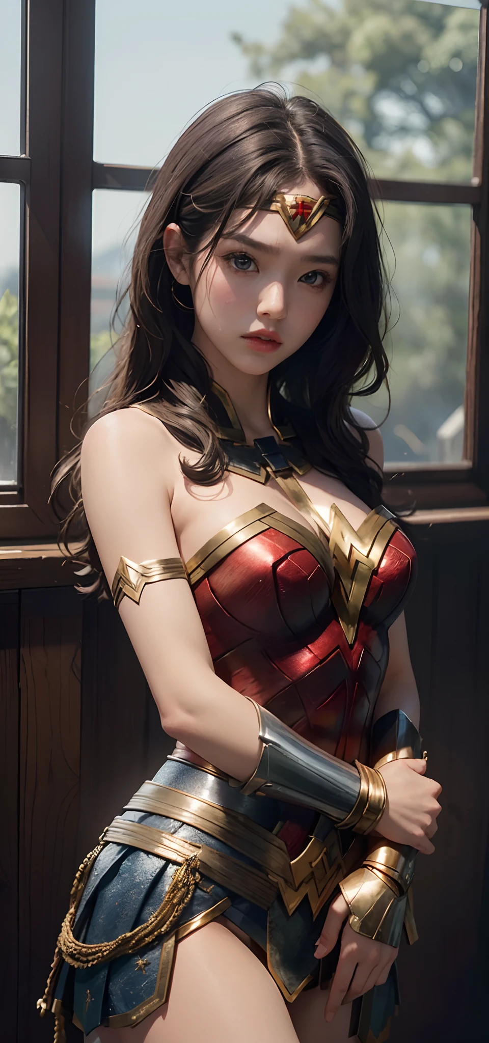 (1girll:1.3)、独奏、__Body parts__、offcial art、统一 8k 壁纸、ultra - detailed、Beauty and aesthetics、big breasts beautiful、tmasterpiece、best qualtiy、Fantastical Atmosphere、calm color palette、Tranquil Mood、soft shade、Bigchest,Big breasts Thin waist,revealing breasts,Bare lower body,Background with:aerodrome,Planes,wonder women,Wearing:Wonder Woman uniform,Armour,Gold wire embroidery