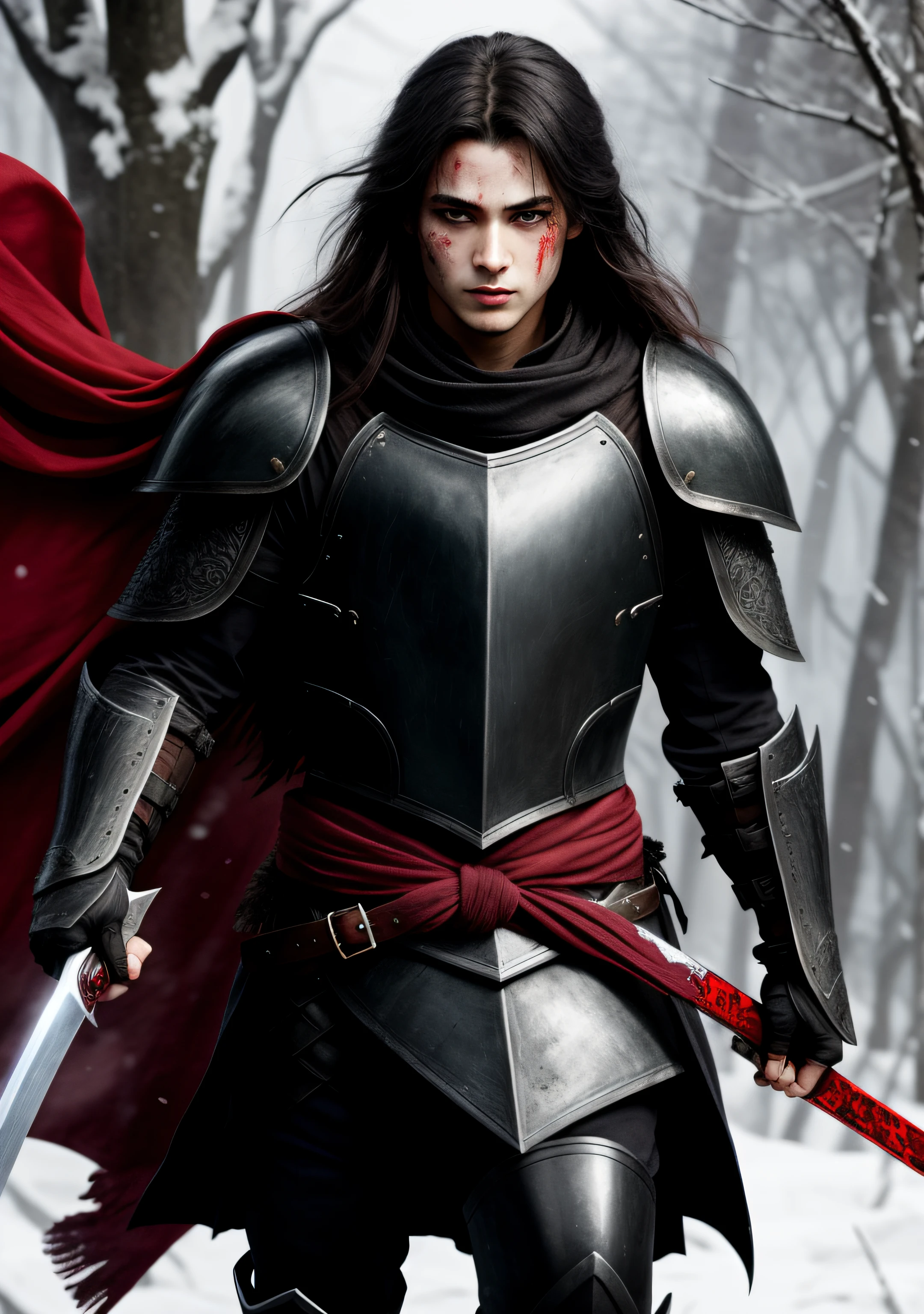 A battlefield full of wolves,One wears black armor,Holding a long sword in his right hand,Red scarf,Long messy hair,Bloodstained face,Deep gaze,Height one meter eight,Handsome looking,Thin lips pursed slightly