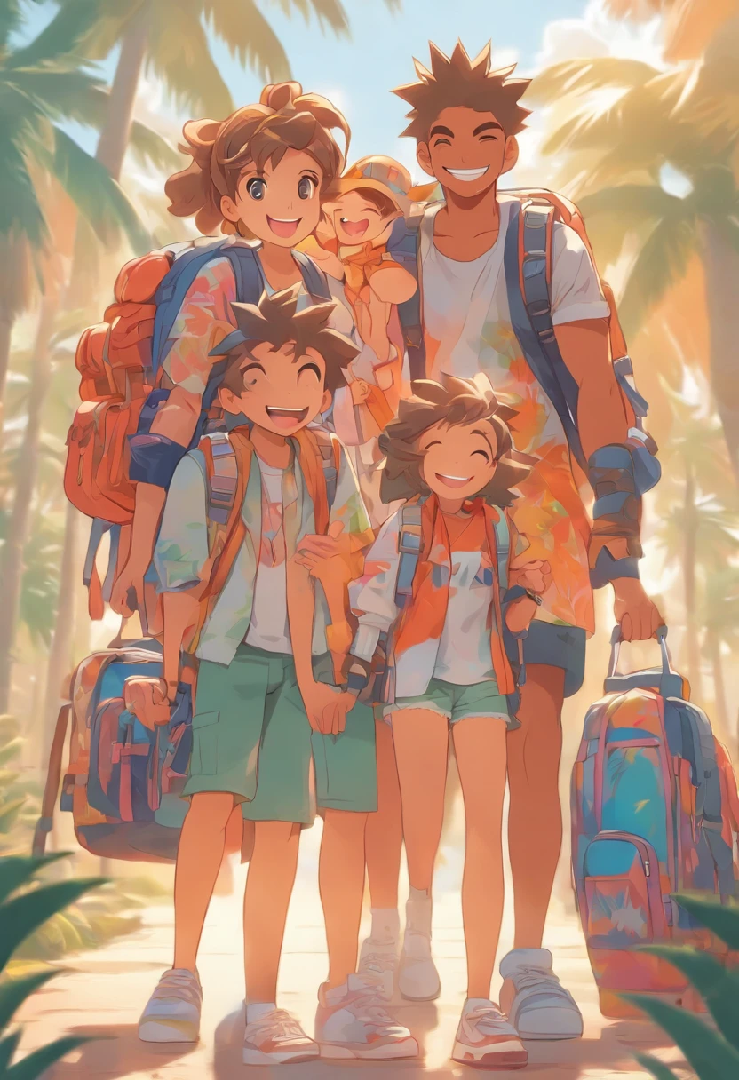 a family in cartoon style carrying backpacks on a vacation with happy smiles, palm trees, front view, all white background, streetwear design, pro vector, all cut sticker, full design, 8 colors only, solid colors, no shadows, full design, warm colors, sticker, bright colors