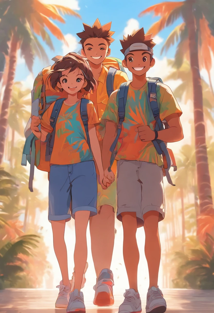 a family in cartoon style carrying backpacks on a vacation with happy smiles, palm trees, front view, all white background, streetwear design, pro vector, all cut sticker, full design, 8 colors only, solid colors, no shadows, full design, warm colors, sticker, bright colors