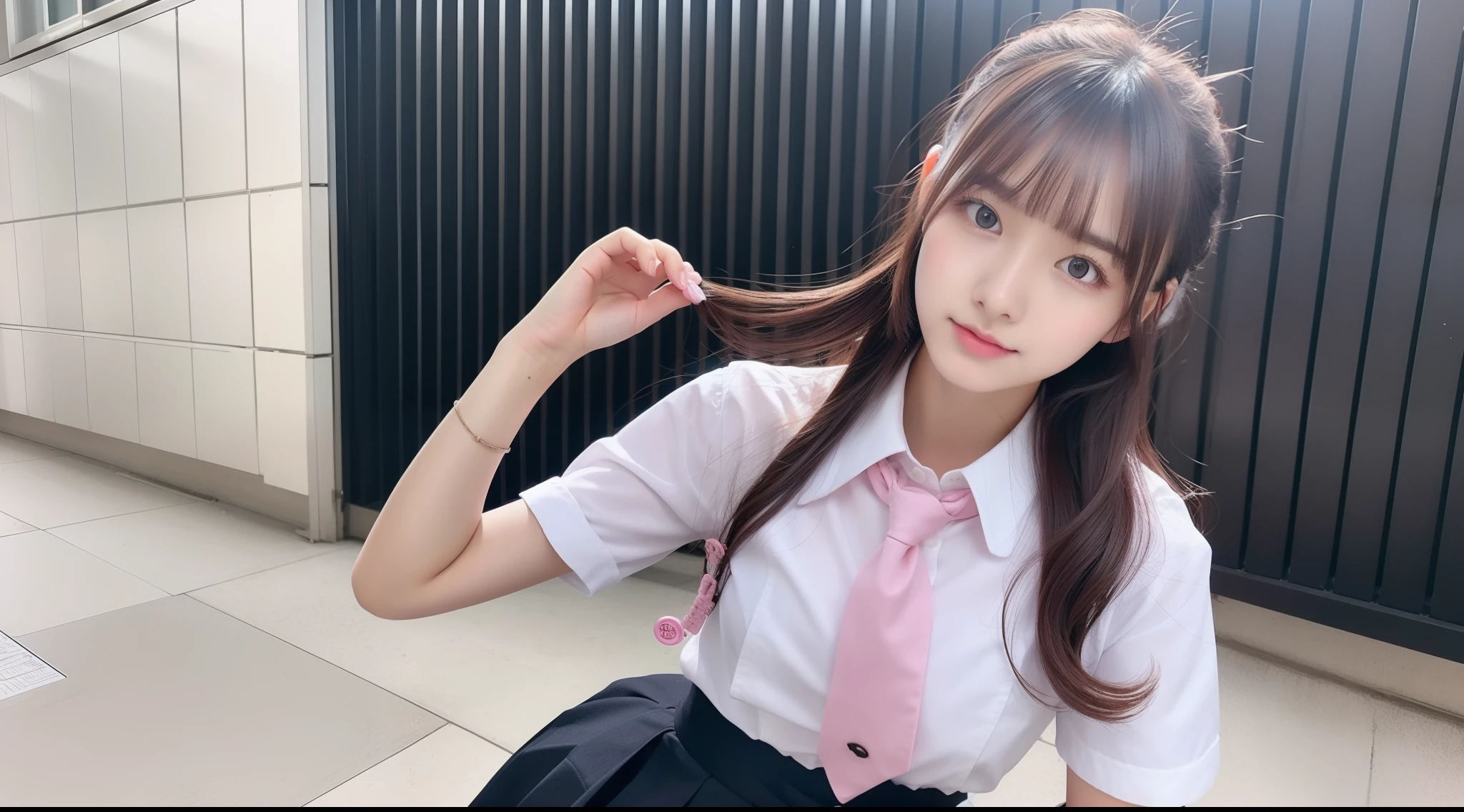 Miniskirt schoolgirl 18 years old wearing white shirt and pink tie with buttons