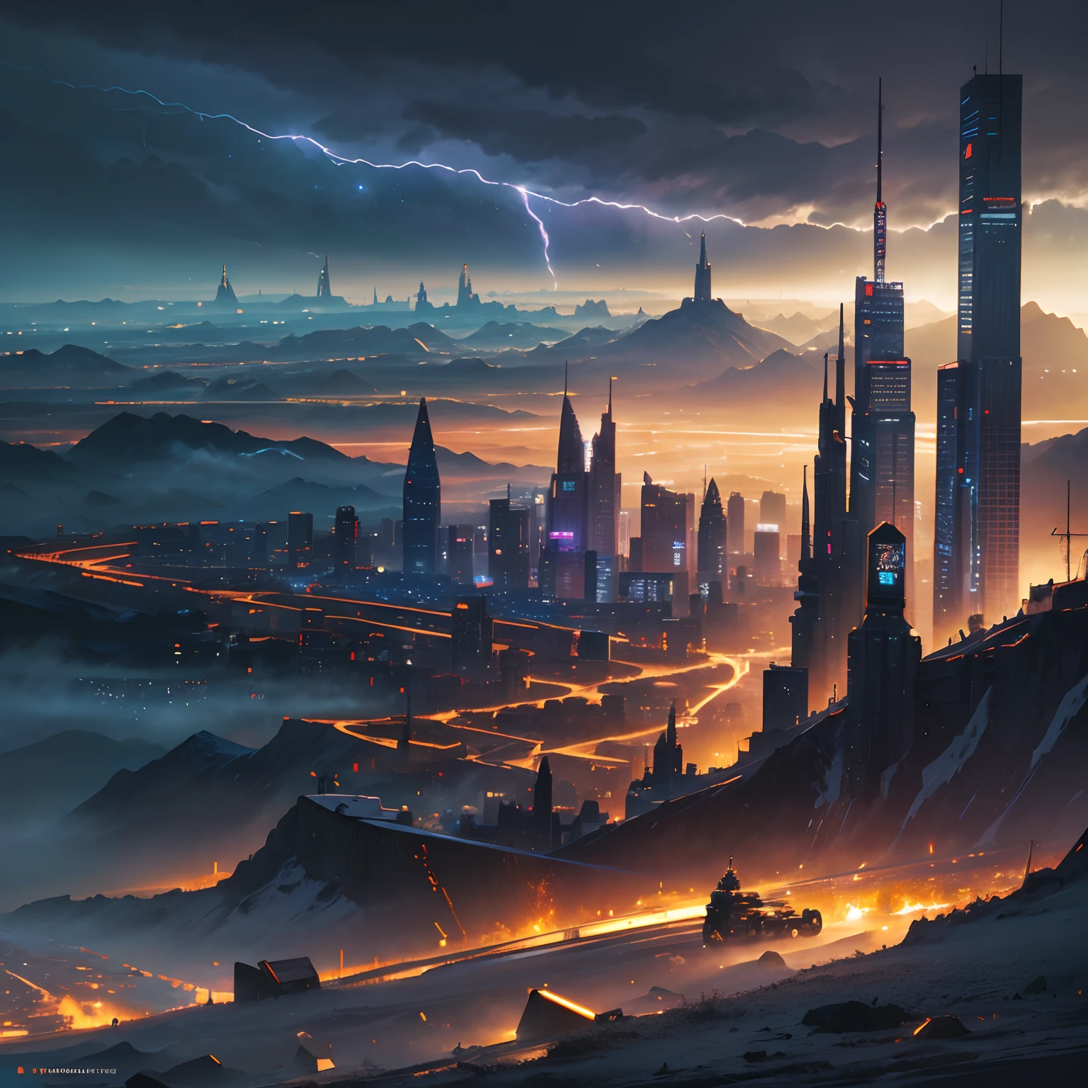 Landscape painting, An ultra-high picture quality, Super Detail, 超A high resolution, Northern Renaissance style, cyberpunked, Midnight City, Galaxy, planet, thunder, thunderstorm, Professional Lighting