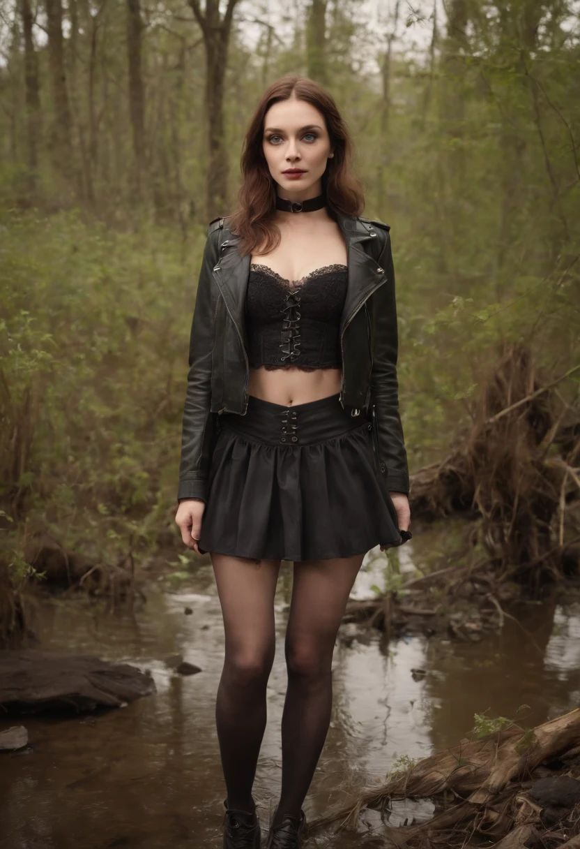 , A man drowns in a bog, a closeup of a, Realistic fantasy rendering in a swamp, matte painting portrait photo, A realistic photo, (lust:1.5), mini skirt, (Black stockings with garters:1.2), leather jacket, leather boots, (in a pose of sexual submissiveness:1.4)